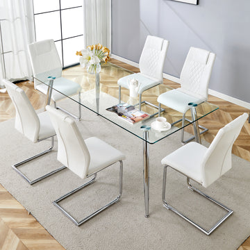 Table And Chair Set.Modern Rectangular Glass Dining Table With A Tempered Glass Tabletop And Silver Metal Legs, Paired With Multiple Chairs Designed With Pu Cushions And Silver Metal Legs. Silver White Seats 6 Tempered Glass