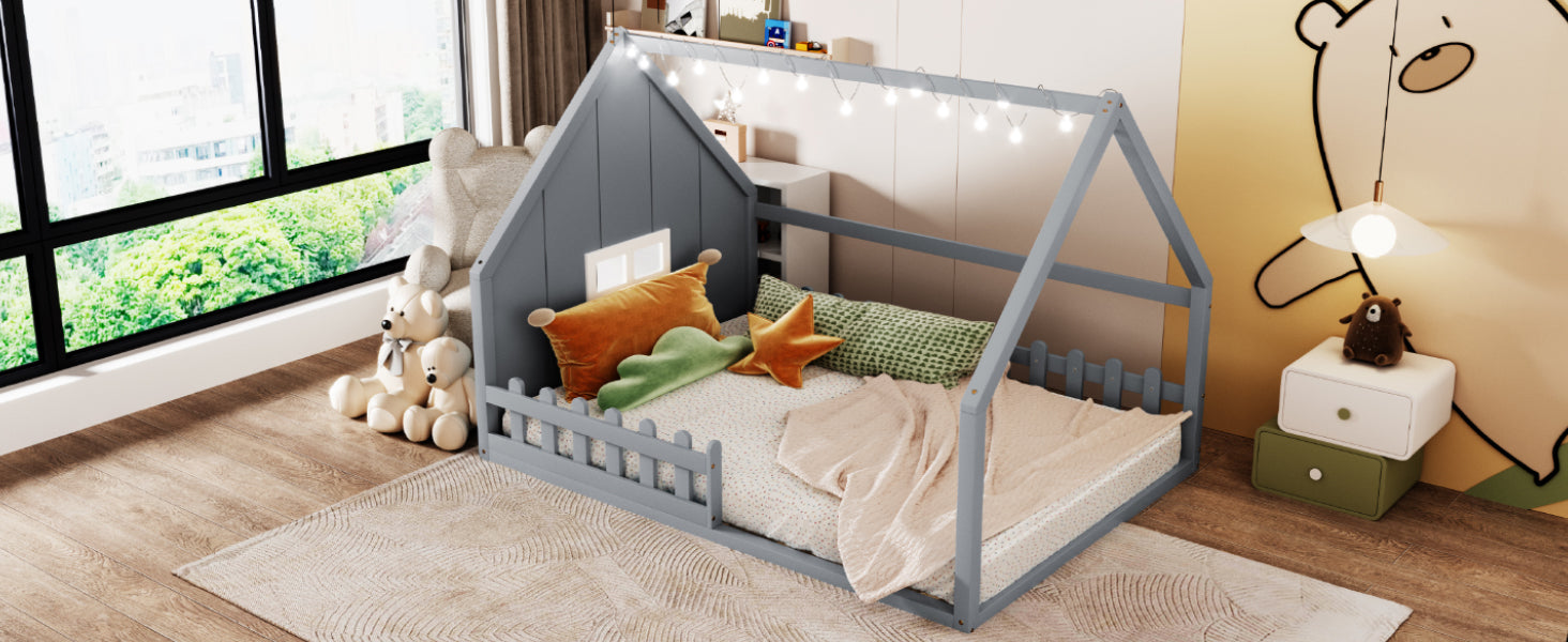 Full Size Wood House Bed With Window And Fence, Gray Old Sku: Wf304147Aae Box Spring Not Required Full Gray Wood Bedroom Pine Bed Frame Solid Wood Mdf