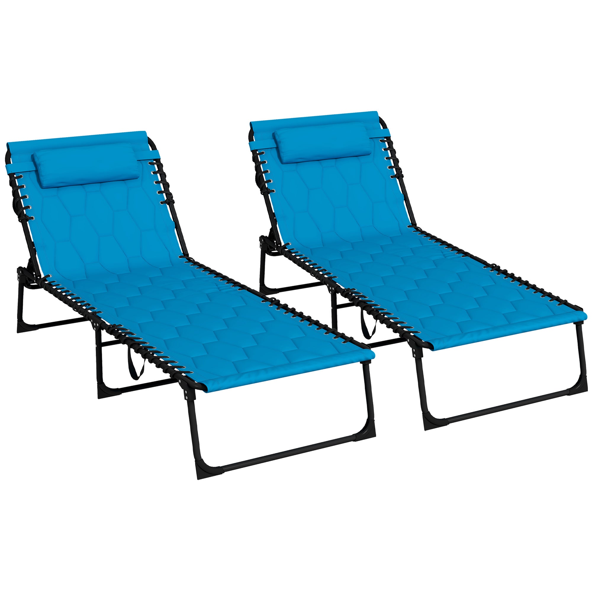 Outsunny Folding Chaise Lounge Set With 5 Level Reclining Back, Outdoor Lounge Tanning Chair With Padded Seat, Side Pocket & Headrest For Beach, Yard, Patio, Sky Blue Blue Steel