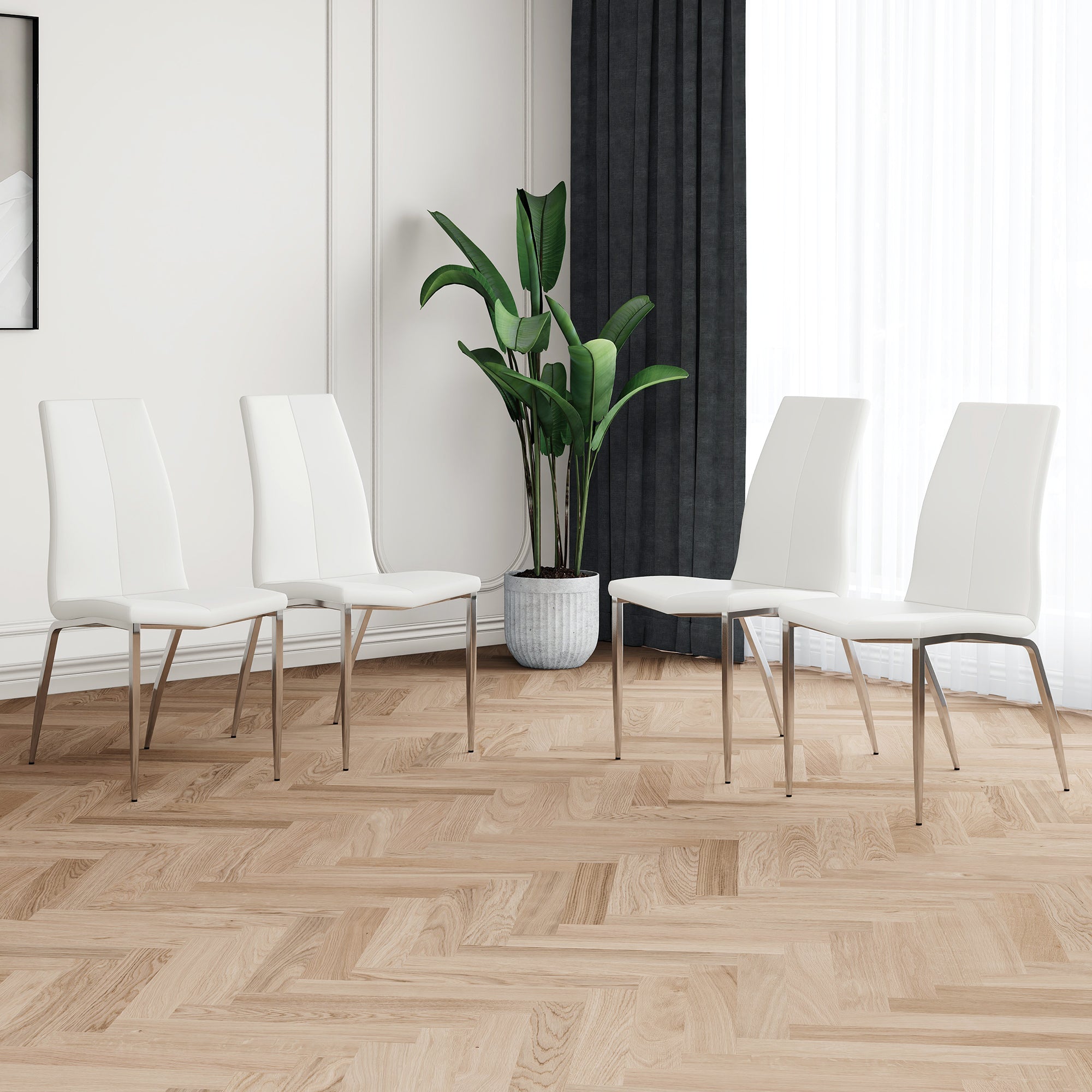 Modern Dining Chairs With Faux Leather Padded Seat Dining Living Room Chairs Upholstered Chair With Chrome Metal Legs Design For Kitchen, Living, Bedroom, Dining Room Side Chairs Set Of 4 White Metal