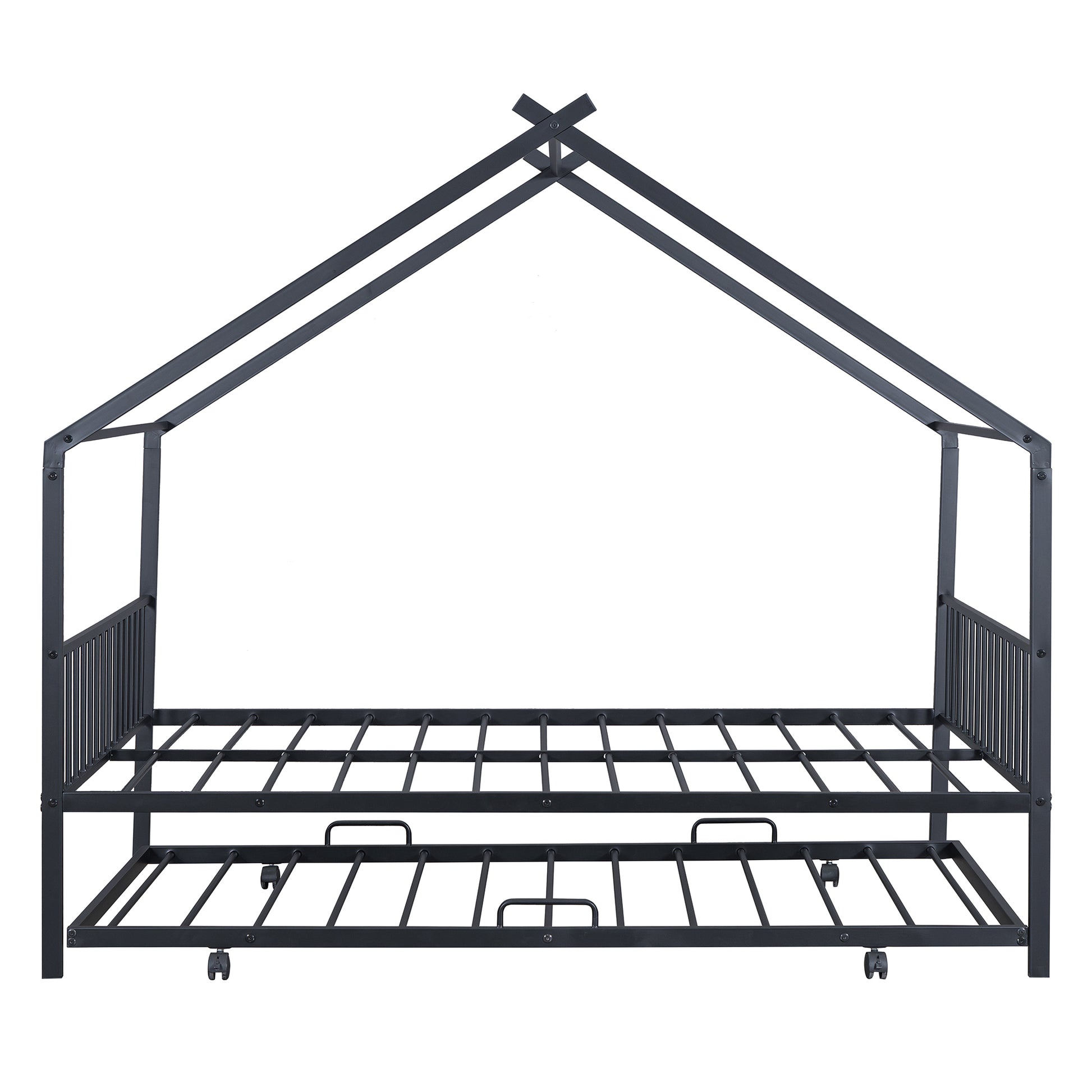 Full Size Metal House Bed With Twin Size Trundle, Black Full Black Metal