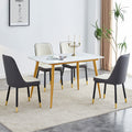 Table And Chair Set.A Morden Table With White Imitation Marble Patterned Stone Burning Tabletop With Golden Metal Legs.Paried With 4 Chairs With Pu Leather Backrest And Black Metal Legs. Black,White Gold Seats 4 Metal,Sintered Stone