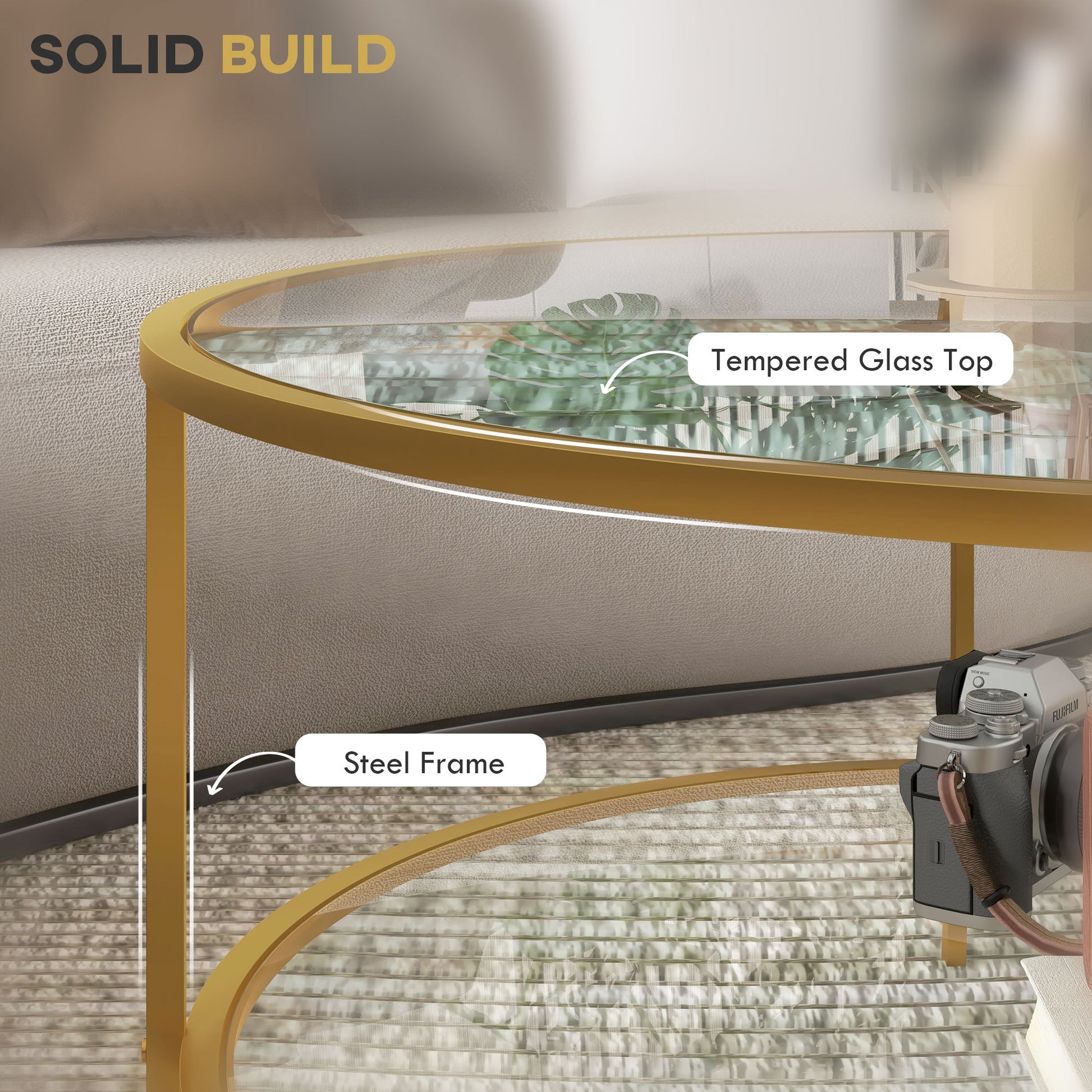 Homcom Side Table With Storage, 32" Round End Table, 2 Tier Tempered Glass Coffee Table With Steel Frame For Living Room, Gold Gold Glass Metal