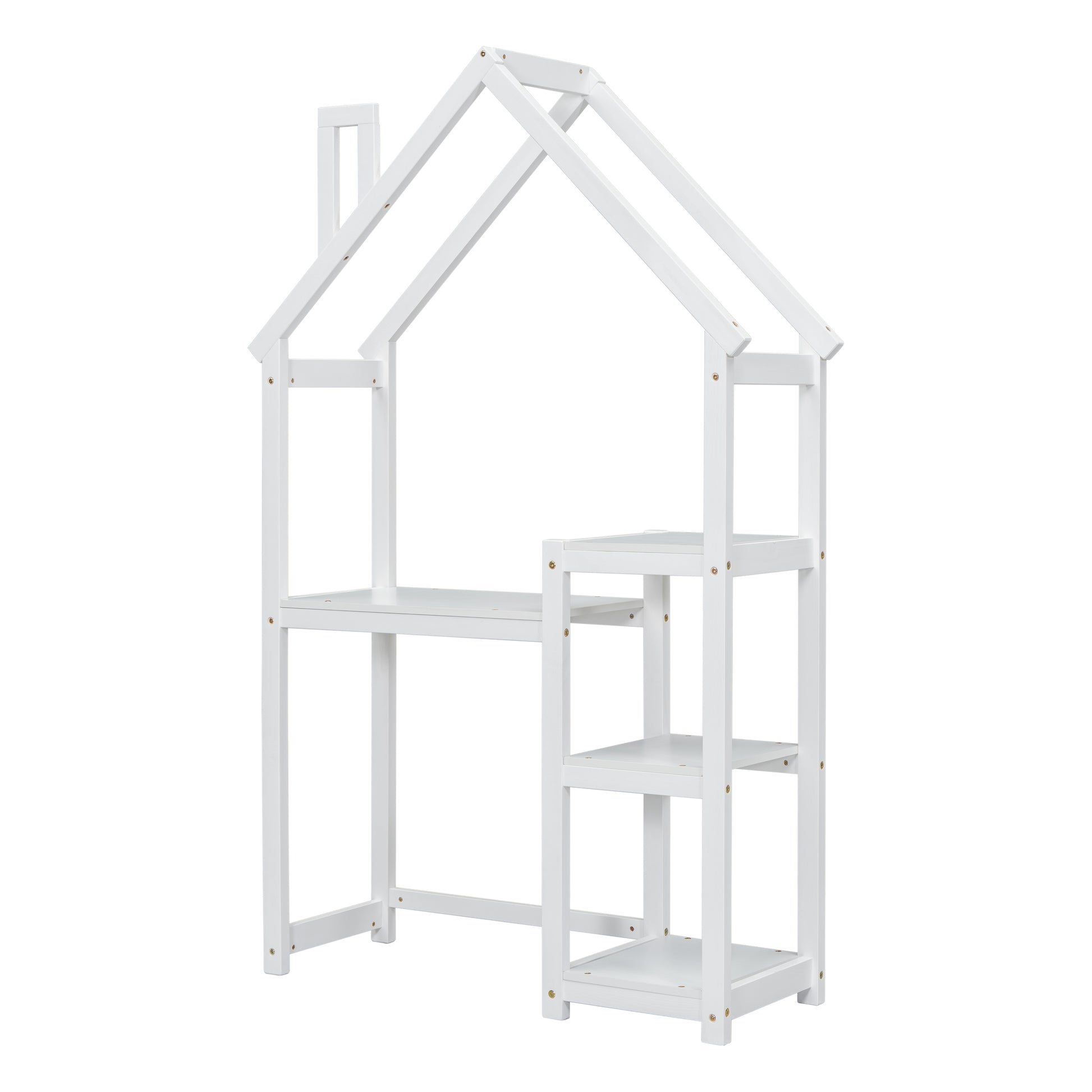 House Shaped Wooden Writing Desk,Kids Study Table,Bookshelf & Toy Storage,White Twin White American Design Pine