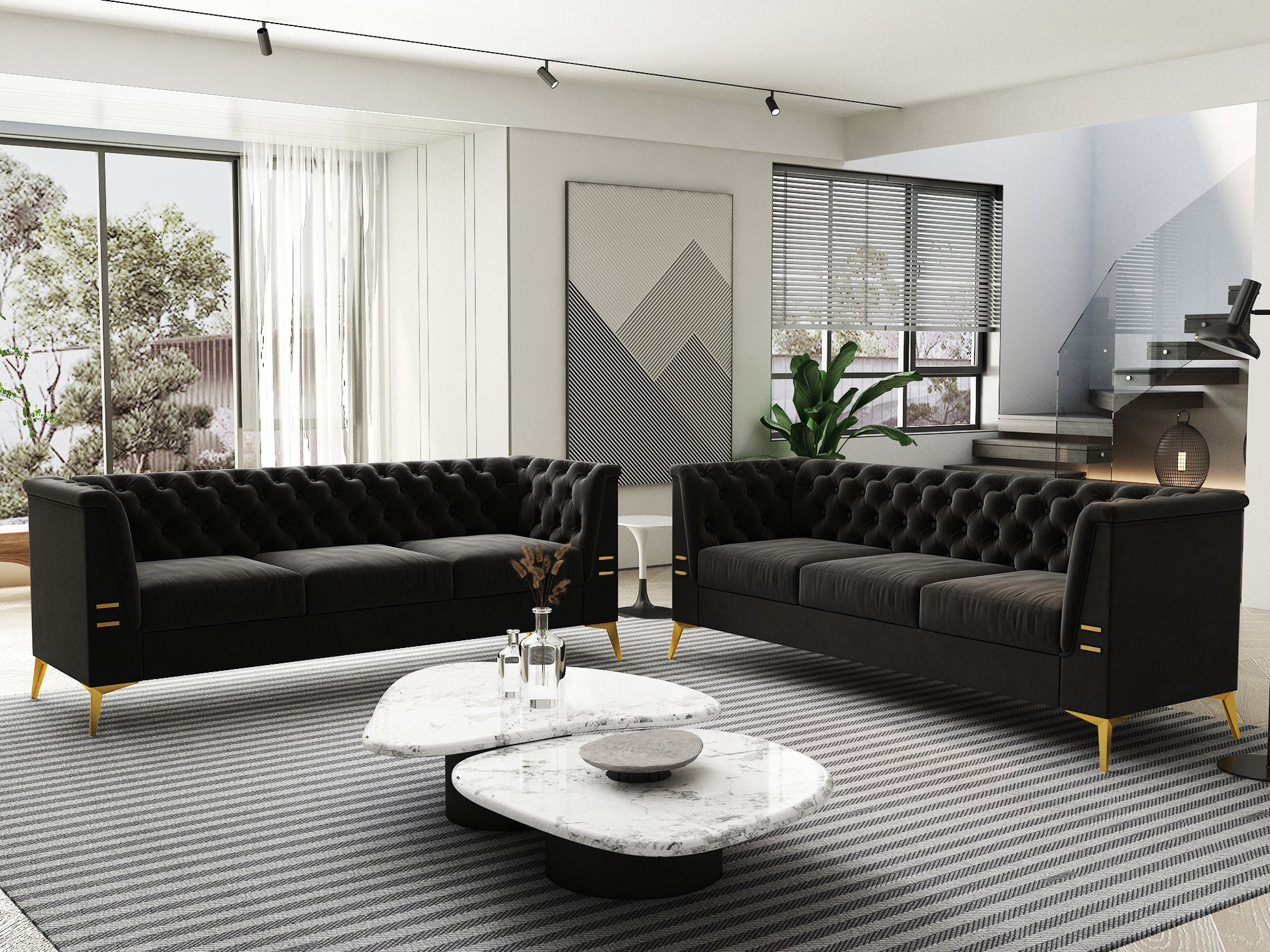 Fx P83 Bk2 Sofa Luxurious Black Velvet Sofa With Gold Legs Modern Chesterfield Design, Tufted Upholstery, 3 Seat Couch For Living Room And Office Black Velvet 3 Seat