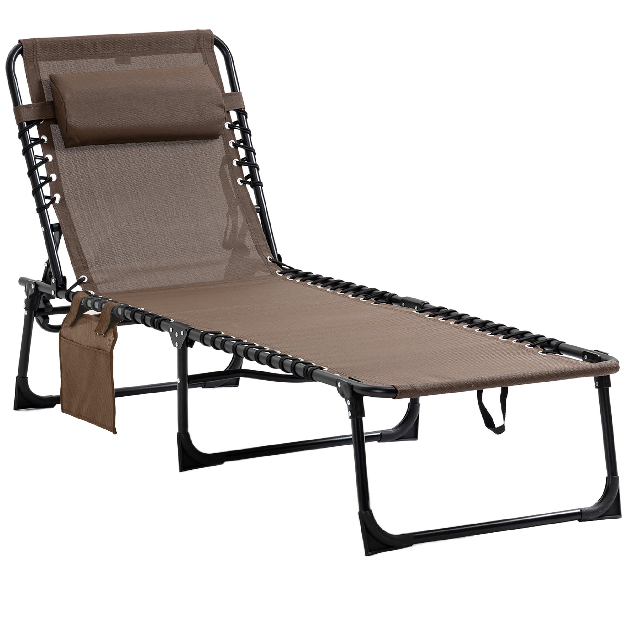 Outsunny Reclining Chaise Lounge Chair, Portable Sun Lounger, Folding Camping Cot, With Adjustable Backrest And Removable Pillow, For Patio, Garden, Beach, Brown Brown Fabric