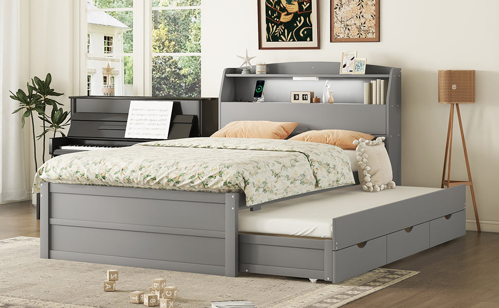 Full Size Wooden Led Platform Bed With Trundle, With Storage Headboard, With Drawers, Gray Full Gray Plywood