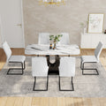 Table And Chair Set, Modern And Minimalist Dining Table, Imitation Marble Patterned Tabletop, Mdf Legs With U Shaped Brackets. Paired With Comfortable Chairs, Suitable For Dining And Living Rooms. Black Mdf Glass
