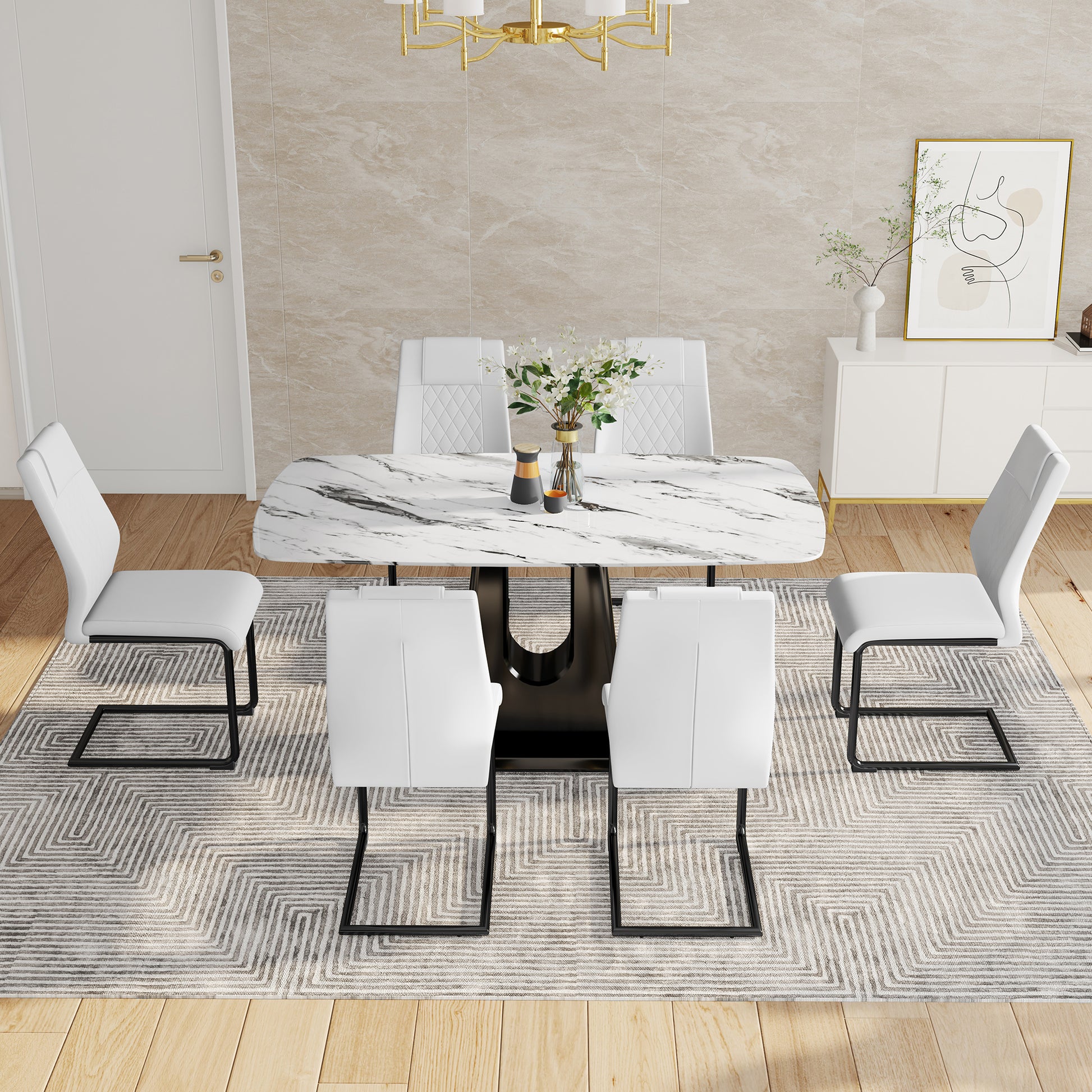 Table And Chair Set, Modern And Minimalist Dining Table, Imitation Marble Patterned Tabletop, Mdf Legs With U Shaped Brackets. Paired With Comfortable Chairs, Suitable For Dining And Living Rooms. Black Mdf Glass