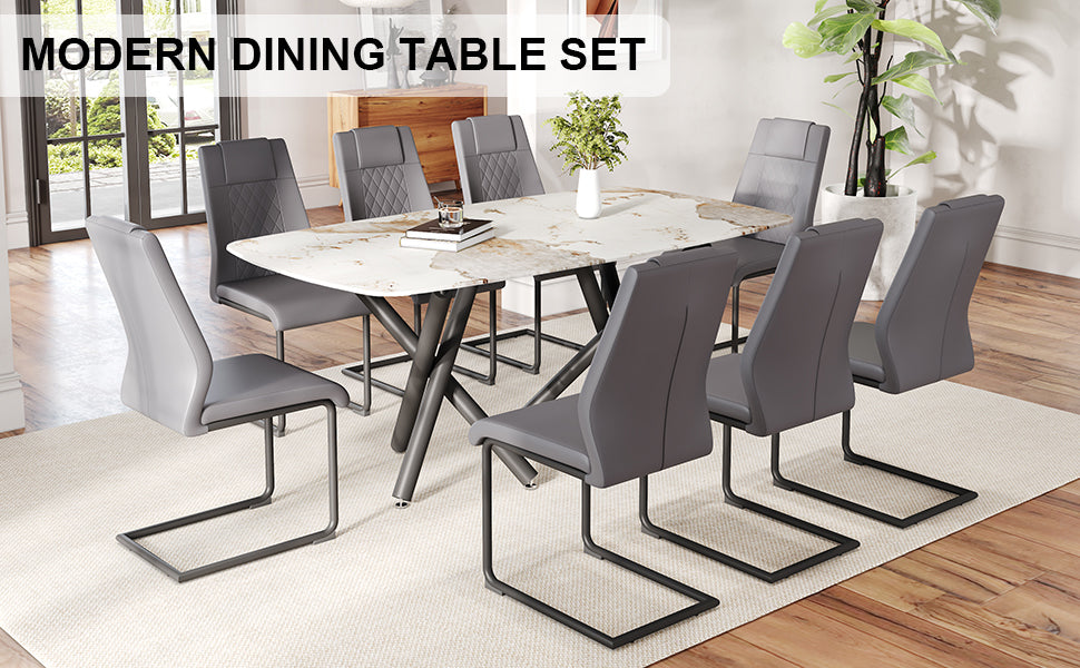 1 Table And 8 Chairs Set.A Rectangular Dining Table With A 0.39 Inch Imitation Marble Tabletop And Black Metal Legs.Paired With 8 Chairs With Pu Leather Seat Cushion And Black Metal Legs.F 1538,C 001 Black Glass Metal