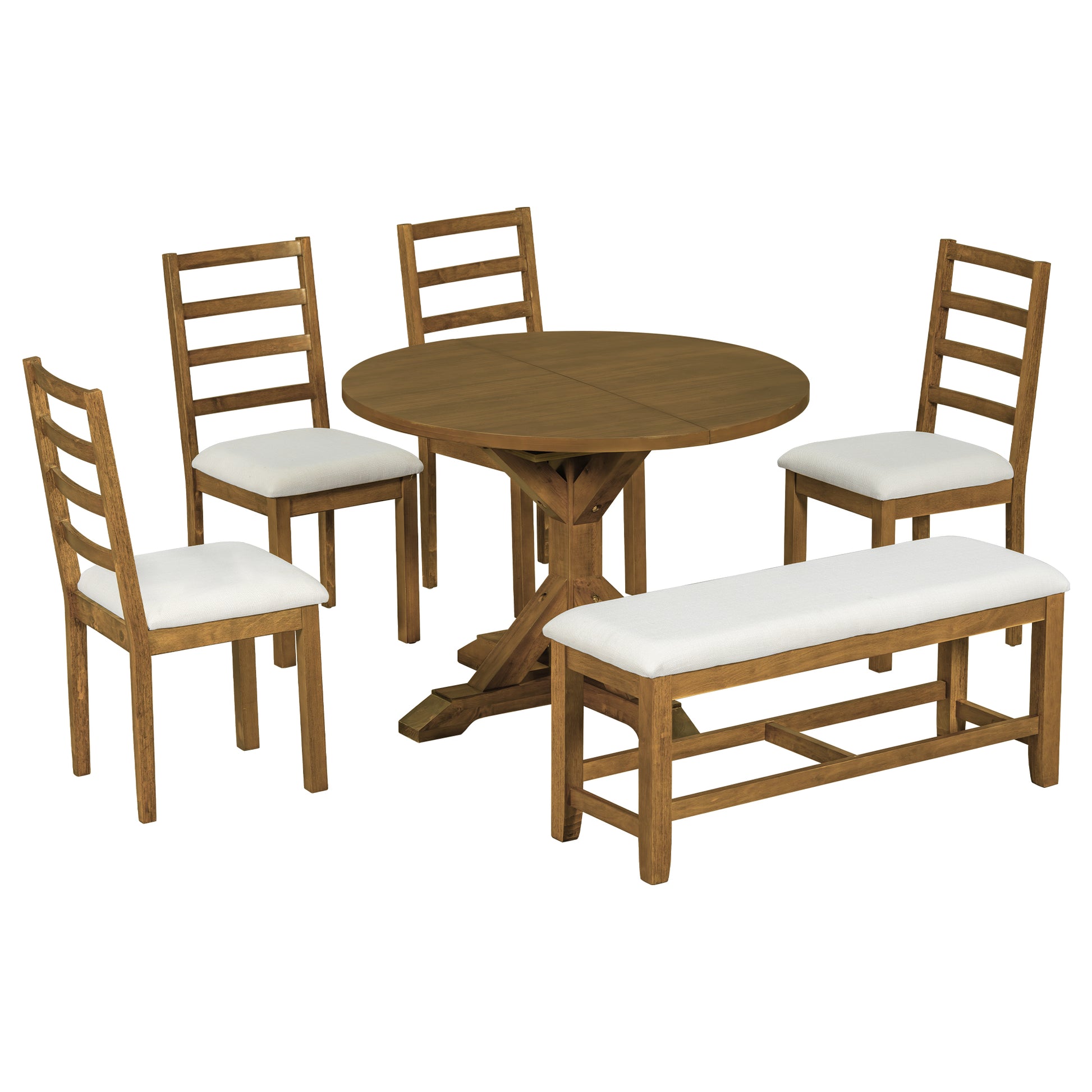 Farmhouse 6 Piece 60Inch Extendable Pedestal Dining Table Set With 18Inch Removable Leaf, 44Inch Bench And 4 Ladder Back Dining Chairs, Dark Brown Wood Dining Room Solid Wood Rubberwood Oval Dining Table With Bench Wood Wood Dark Brown Ladder Back Seats