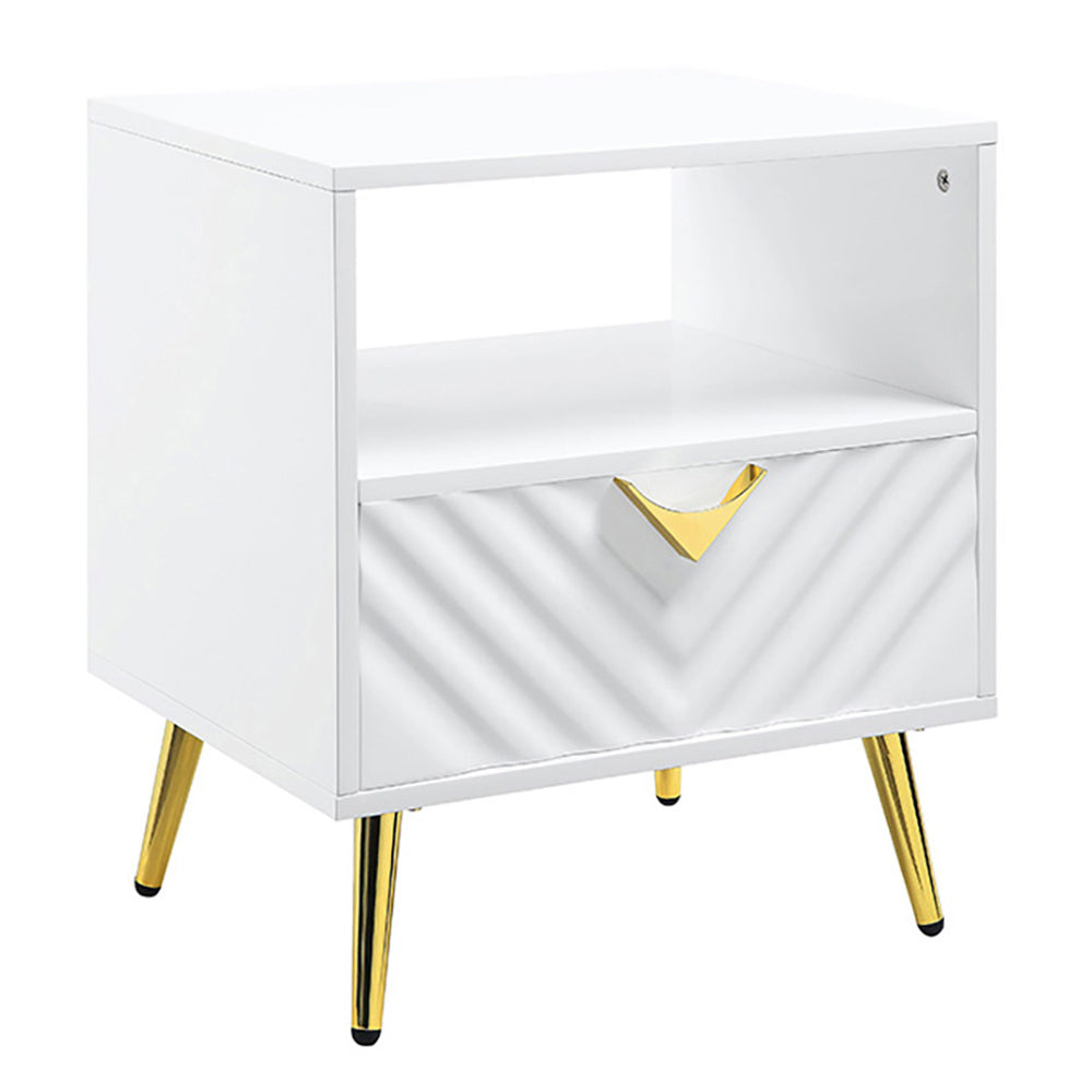 White High Gloss End Table With Shelf White Primary Living Space Mid Century Modern Drawers Rectangular Wood Metal