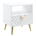 White High Gloss End Table With Shelf White Primary Living Space Mid Century Modern Drawers Rectangular Wood Metal