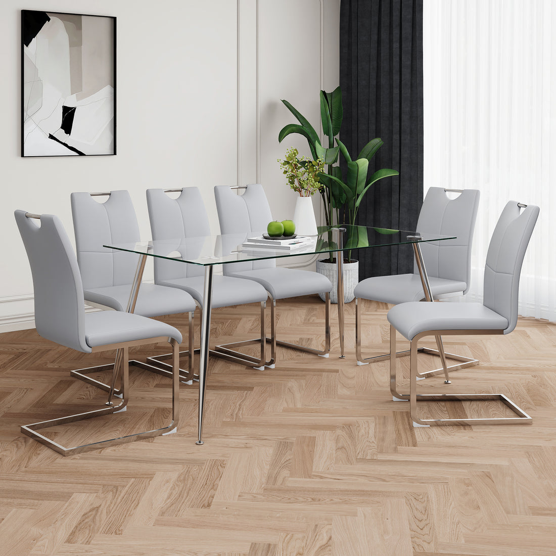 Modern Simple Rectangular Glass Dining Table, Solid Tempered Glass Tabletop, Electroplated Table Legs, Gray Pu Dining Chair Set, Suitable For Restaurant Kitchen Use Set Of 7 Upholstered Chair Glass Gray Pu Seats 6 Metal Rectangular Dining Table With