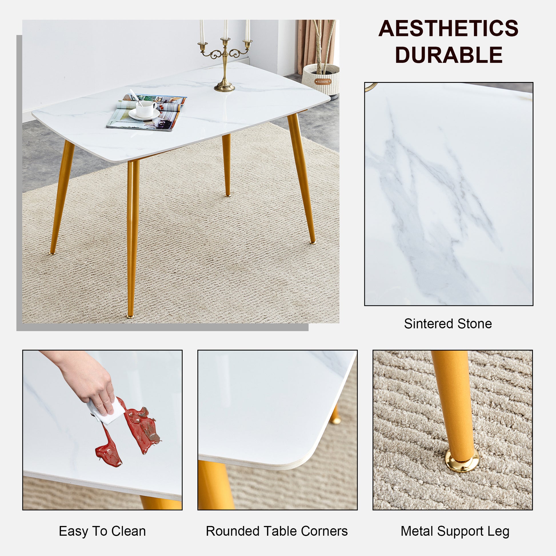 Table And Chair Set.A Morden Table With White Imitation Marble Patterned Stone Burning Tabletop With Golden Metal Legs.Paried With 4 Chairs With Pu Leather Backrest And Black Metal Legs. Grey Brown,White Gold Seats 4 Metal,Sintered Stone