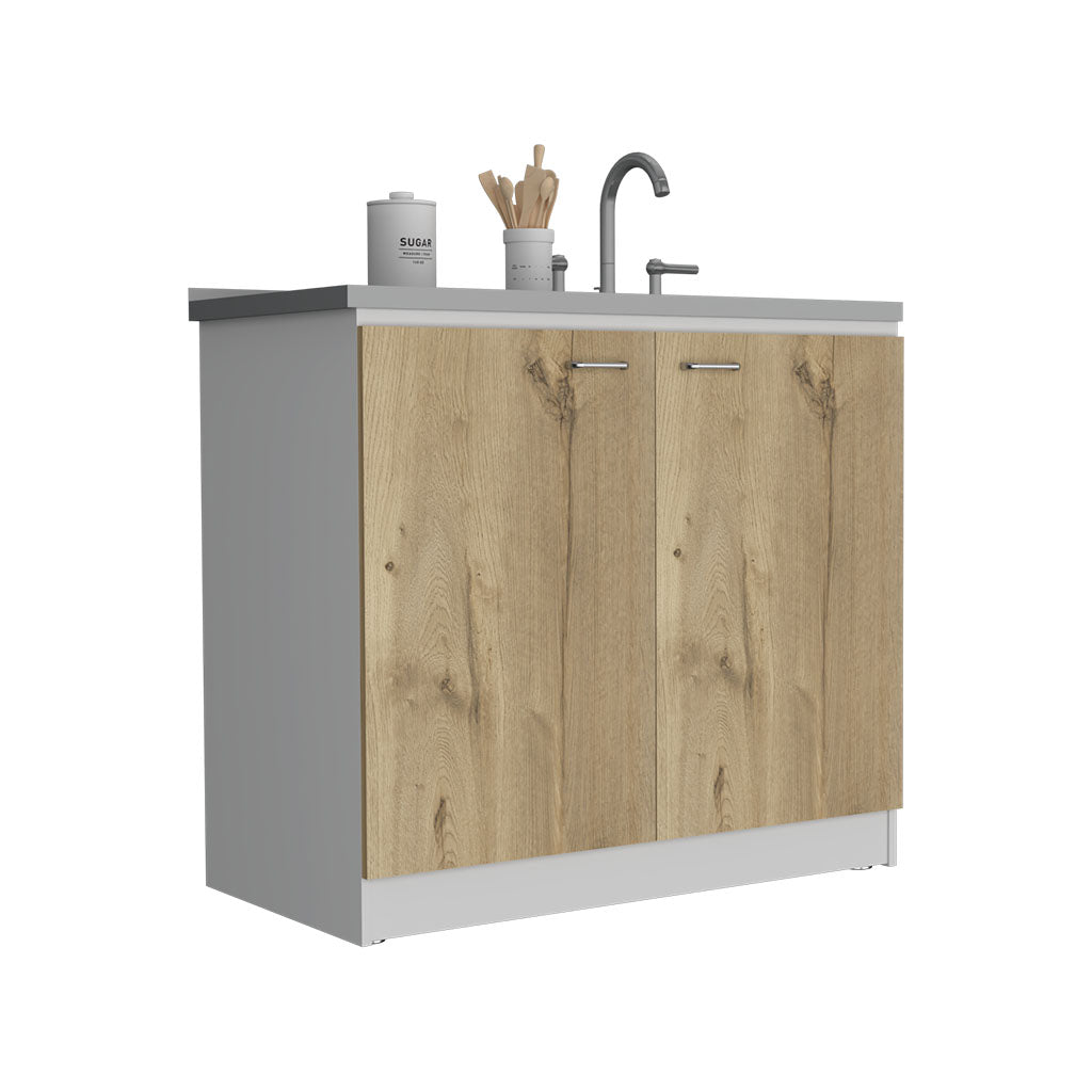 Freestanding Sink, Double Door Cabinet, Two Shelves, White Light Oak Multicolor Solid Wood Mdf Engineered Wood