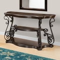 Traditional Solid Sofa Table With Glass Inset, Metal Scrolls & 2 Shelves, Brown Brown Wood Metal