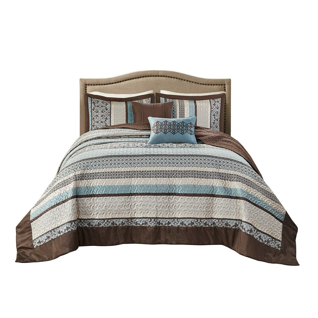 5 Piece Reversible Jacquard Bedspread Set Blue Queen Queen Blue Cotton