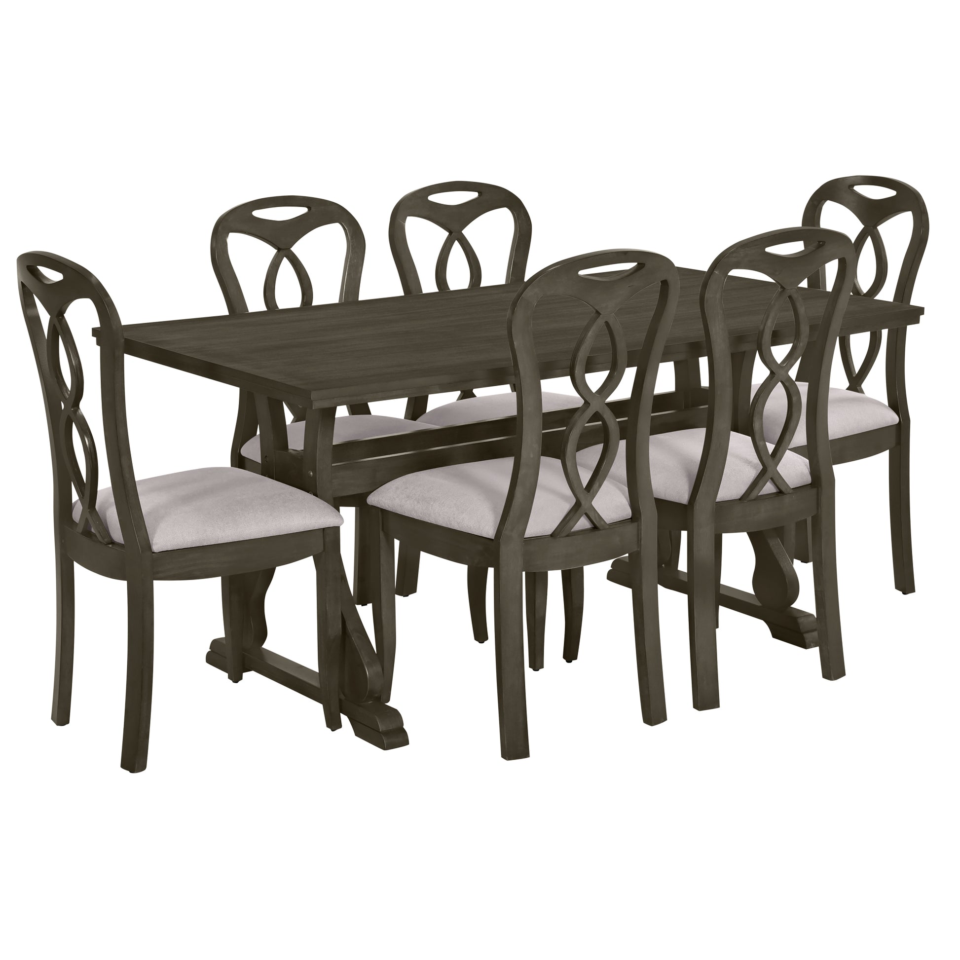 Retro 7 Piece Trestle Dining Table Set With Upholstered Dining Chairs, Smooth Dining Backs For Dining Room, Living Room, Kitchen, Gray Upholstered Chair Wood Gray Seats 6 Wood Dining Room Solid Wood Rubberwood Trestle Rectangular Foam Dining Table With