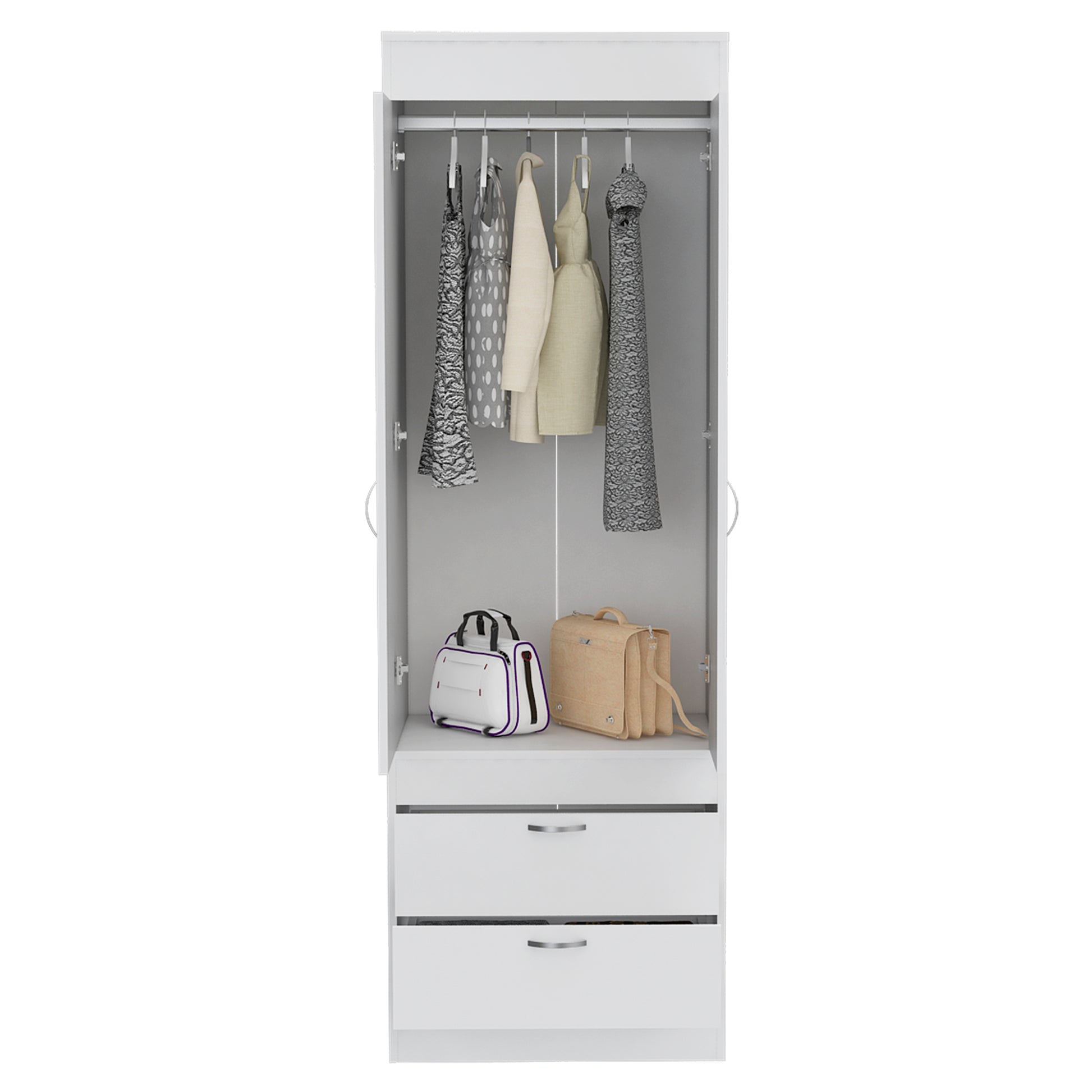 Lisboa Armoire, Rod, Double Door, Two Drawers, Metal Handles White White Bedroom Modern Particle Board