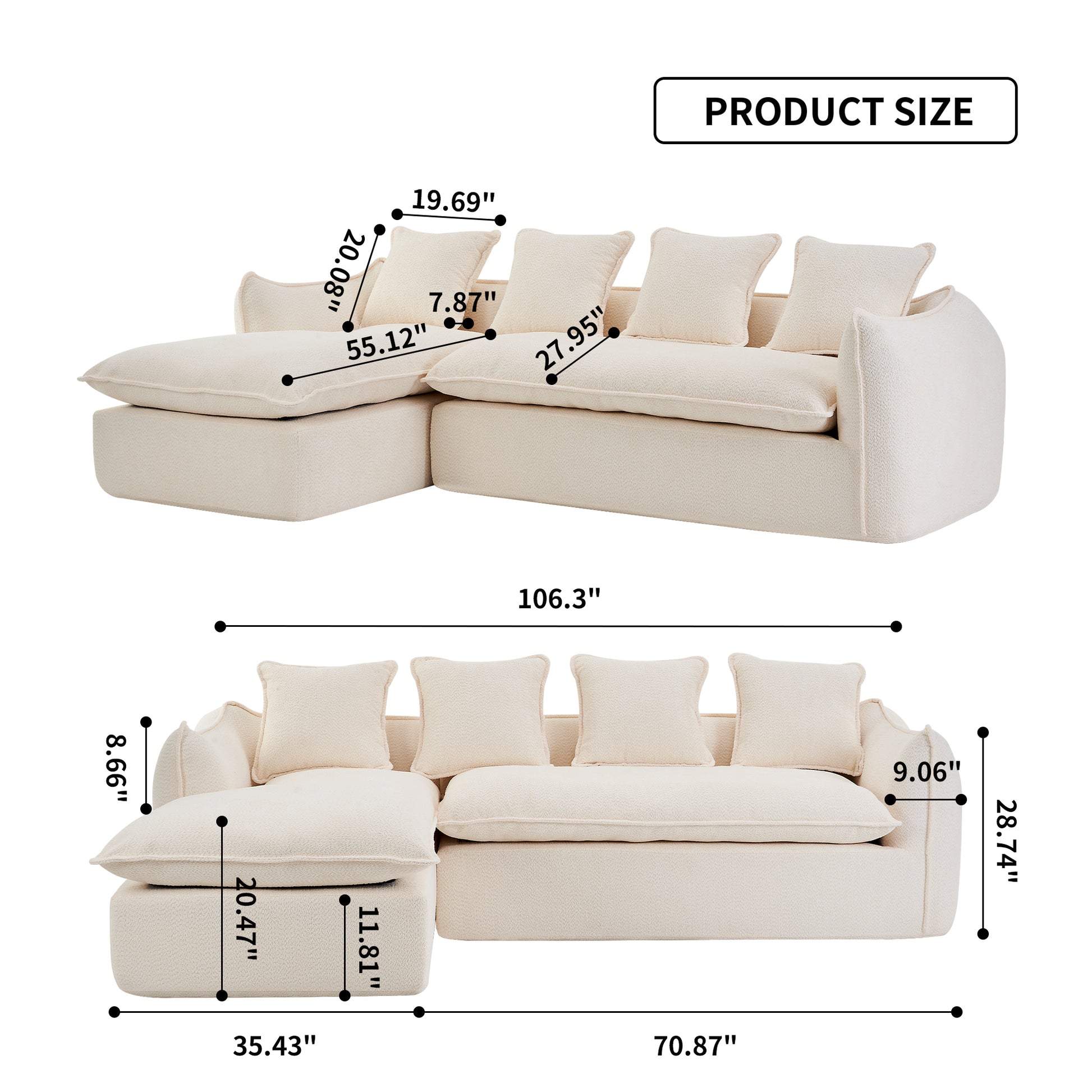 Sofa Deep Seat Sofa 3 Seater For Living Room Oversized Comfy Sofa L Shape Sofa Couch With Chaise Home Furniture Sleeper Sectional Sofa For Apartment, Office Left Hand Facing Beige Foam 3 Seat
