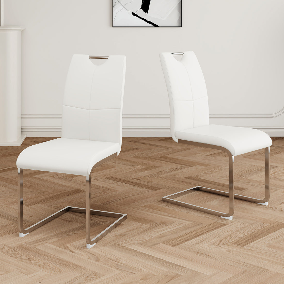 Modern Dining Chairs With Faux Leather Padded Seat Dining Living Room Chairs Upholstered Chair With Chrome Metal Legs Design For Kitchen, Living, Bedroom, Dining Room Side Chairs Set Of 2 White