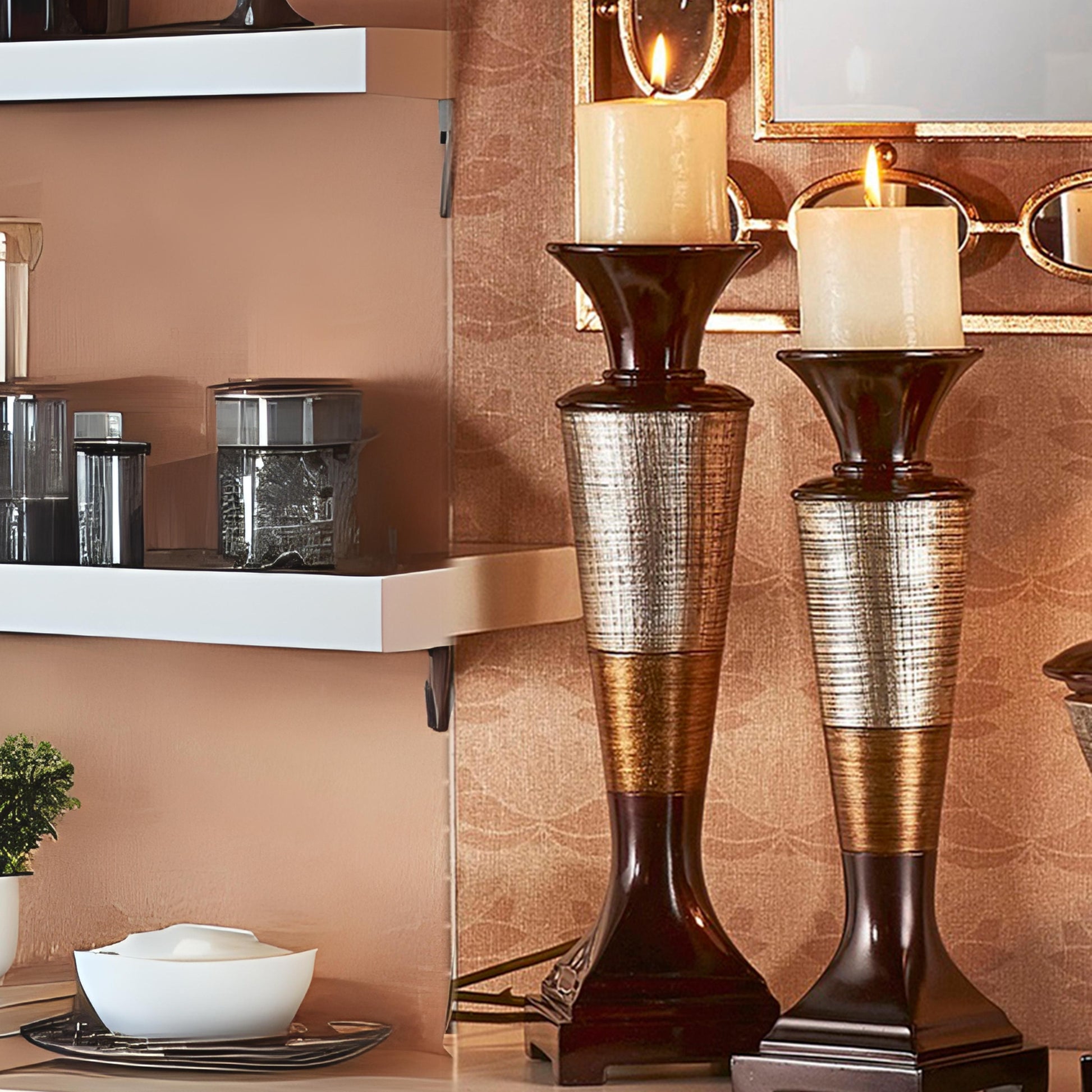 14" And 16" Tall Polyresin "Naomi" Candleholder, Egyptian Style Set Of 2 Multicolor Polyresin