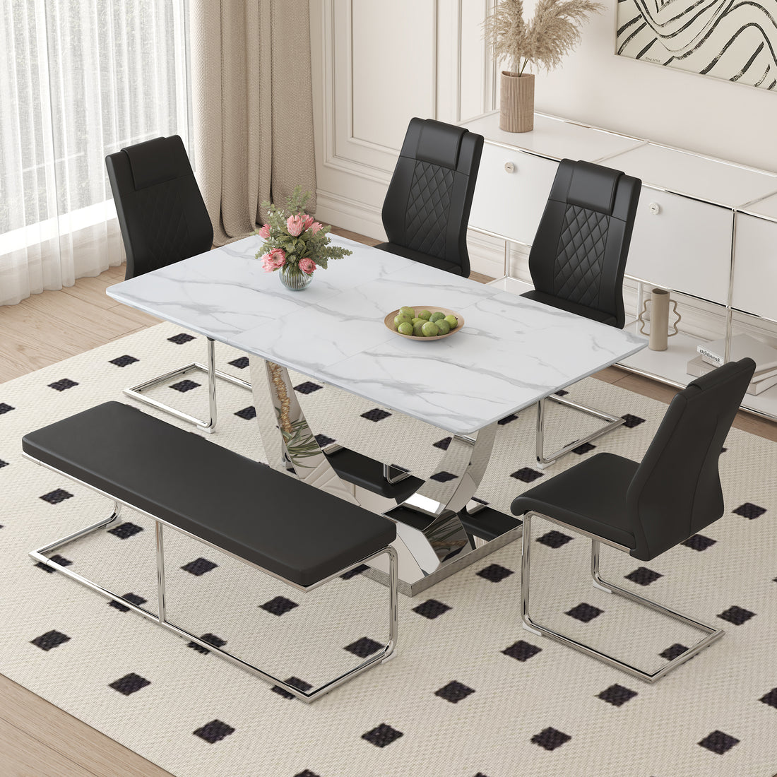 Table And Chair Set. Large Modern Rectangular Table With White Textured Top And Silver Metal Legs. Soft And Comfortable Pu Seats, Faux Leather Upholstered Seats And Sturdy Metal Legs. White Black Mdf Metal