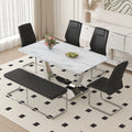 Table And Chair Set. Large Modern Rectangular Table With White Textured Top And Silver Metal Legs. Soft And Comfortable Pu Seats, Faux Leather Upholstered Seats And Sturdy Metal Legs. White Black Mdf Metal