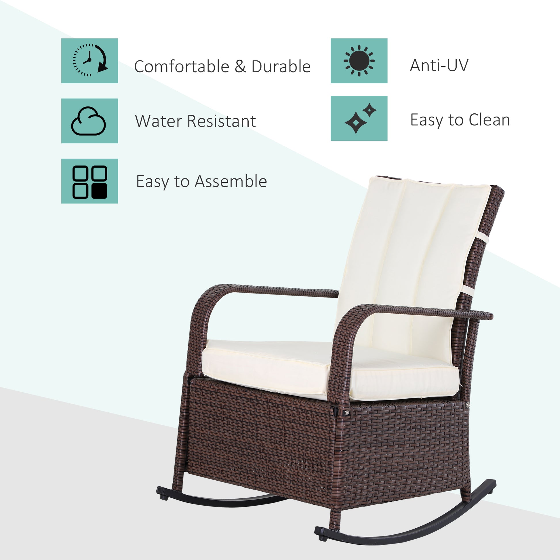 Outsunny Wicker Outdoor Rocking Chair, Patio Recliner With Adjustment Backrest, Pe Rattan Lounge Chair With Adjustable Footrest And Cushions For Garden, Backyard, Porch, Beige Brown Steel