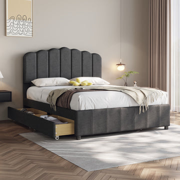 Full Size Upholstered Bed With 4 Storage Drawers,Wood Slat Support, Gray Full Gray Upholstered