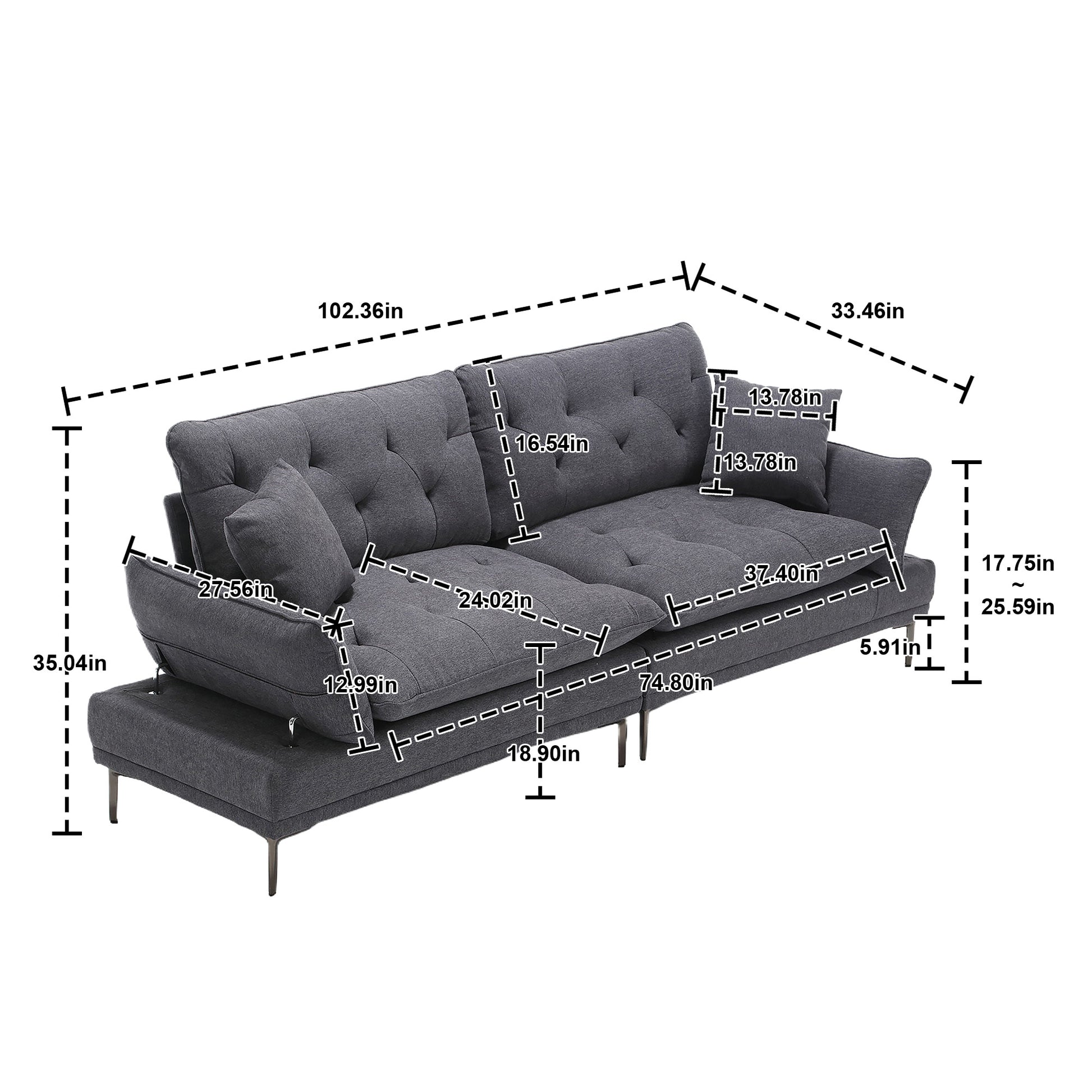 United Linen Sofaaccent Sofa Seat Sofa With Metal Feet Dark Gray Linen 3 Seat