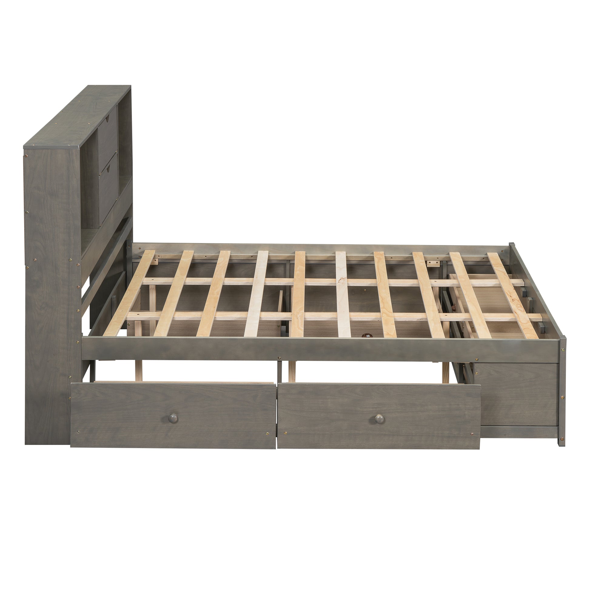 Queen Size Platform Bed With Storage Headboard And 8 Drawers, Gray Box Spring Not Required Queen Gray Wood Bedroom Bed Frame Solid Wood Mdf