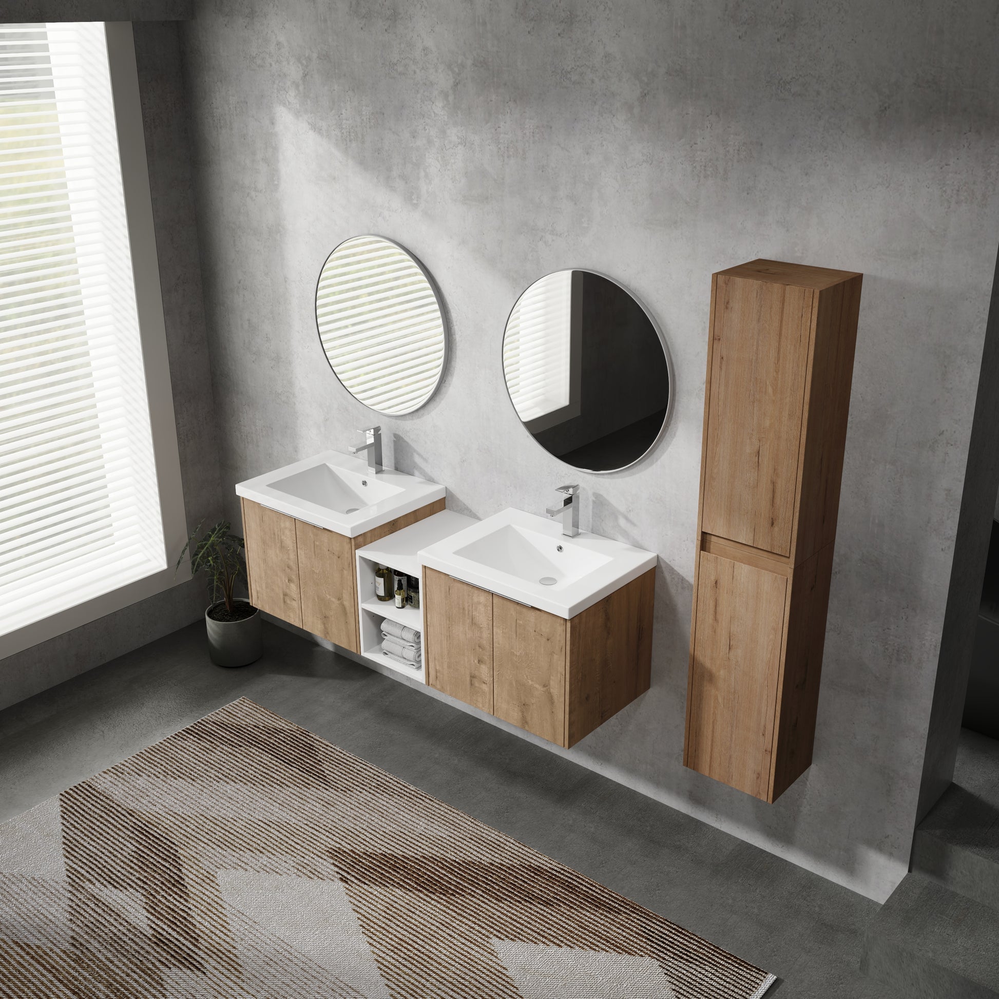 60" Wall Mounted Bathroom Vanity With Sink And Side Cabinet, Soft Close Doors,00112Imox2 0624Imox2 0612Gwh Combination Cabinet Kd Packing Imitative Oak Bathroom Modern Plywood Plywood
