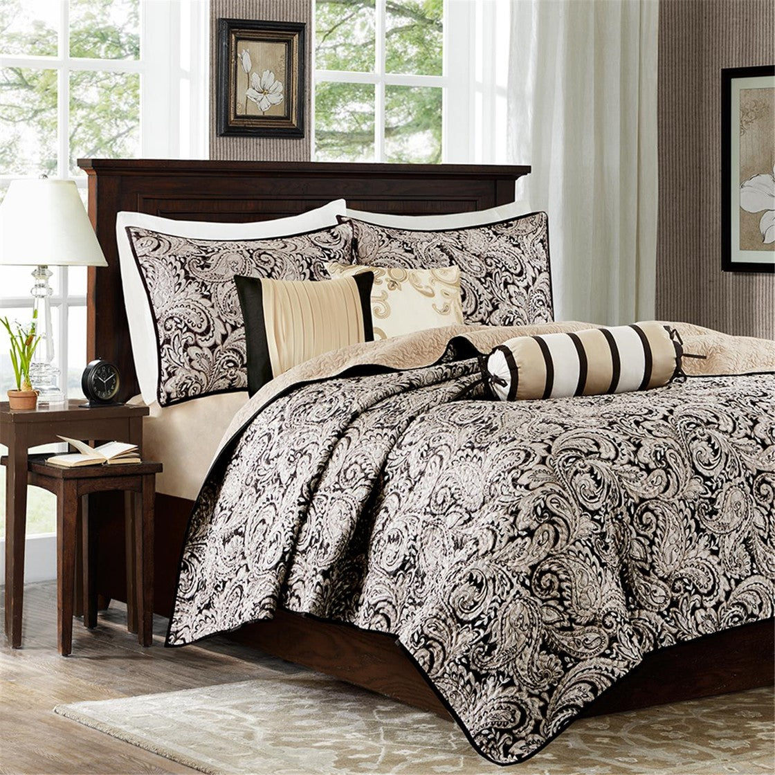 6 Piece Jacquard Quilt Set With Throw Pillows Black King Cal King King Black Cotton