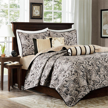 6 Piece Jacquard Quilt Set With Throw Pillows Black King Cal King King Black Cotton