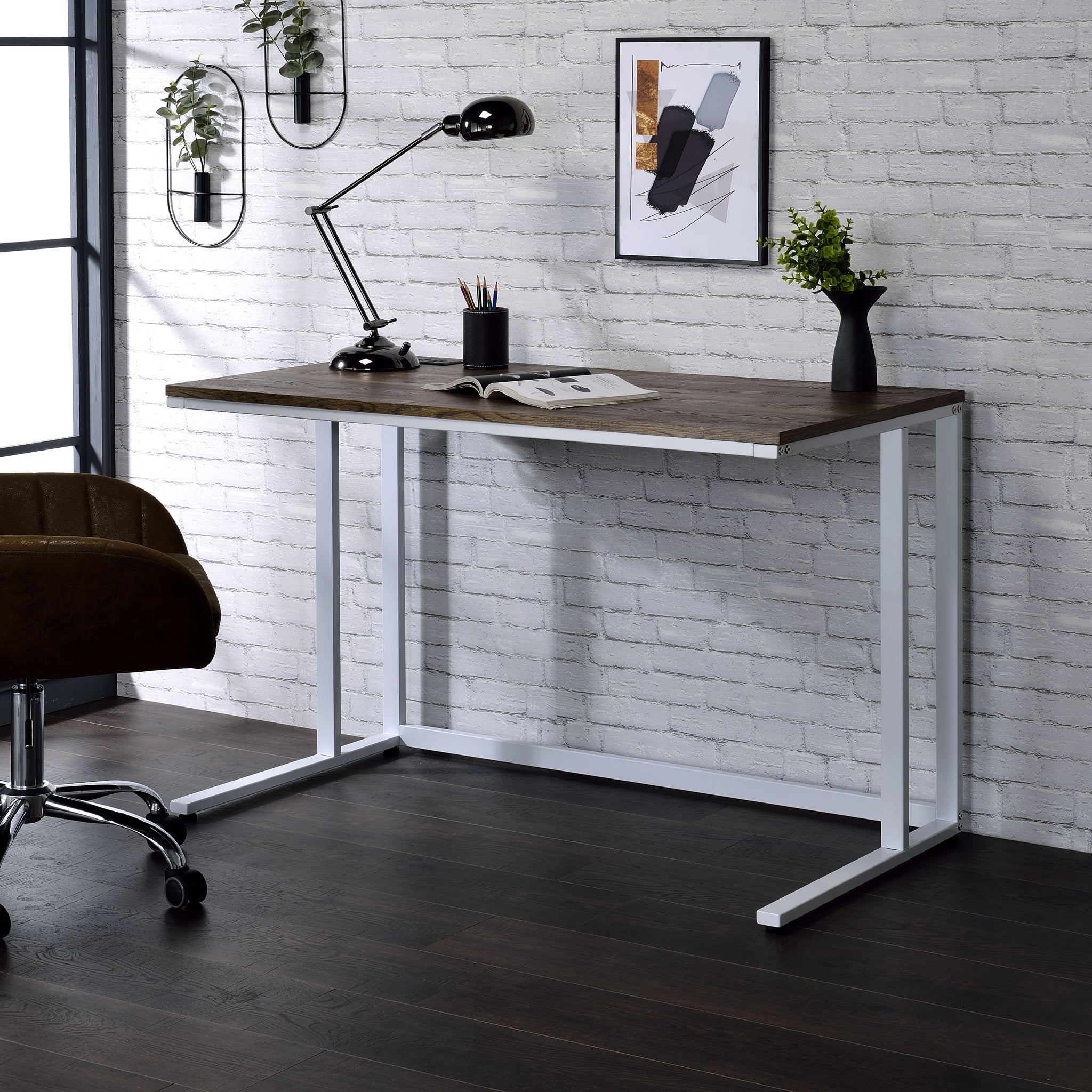 Tyrese Walnut & White Finish Writing Desk W Usb Walnut,White Metal,Synthetic Wood