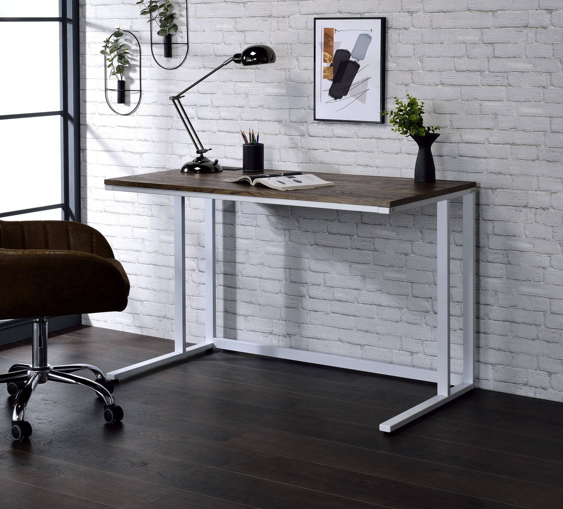 Tyrese Walnut & White Finish Writing Desk W Usb Walnut,White Metal,Synthetic Wood