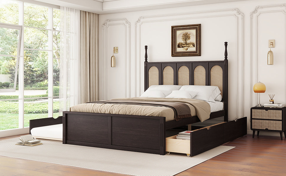 Queen Size Rattan Platform Bed With With 2 Big Drawers, T Size Trundle, Espresso Queen Espresso Plywood