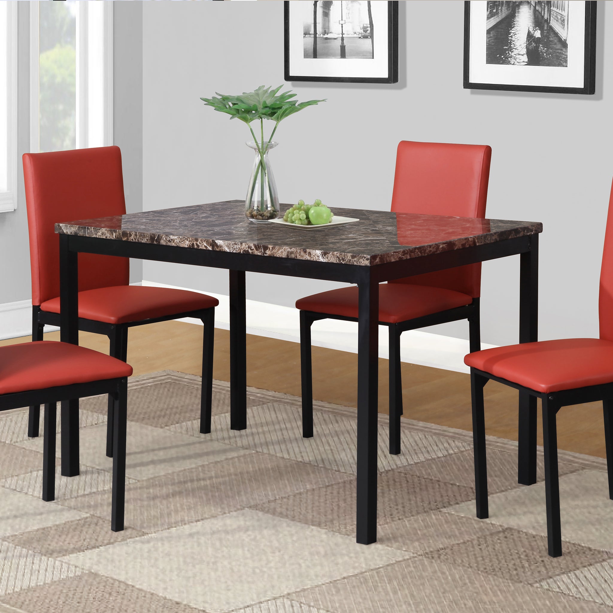 Citico 5 Piece Metal Dinette Set With Laminated Faux Marble Top, Red Wood Black Red Metal Fixed Table Casual Rectangular Rectangular Metal