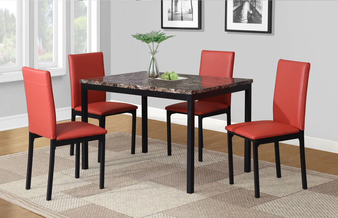 Citico 5 Piece Metal Dinette Set With Laminated Faux Marble Top, Red Wood Black Red Metal Fixed Table Casual Rectangular Rectangular Metal