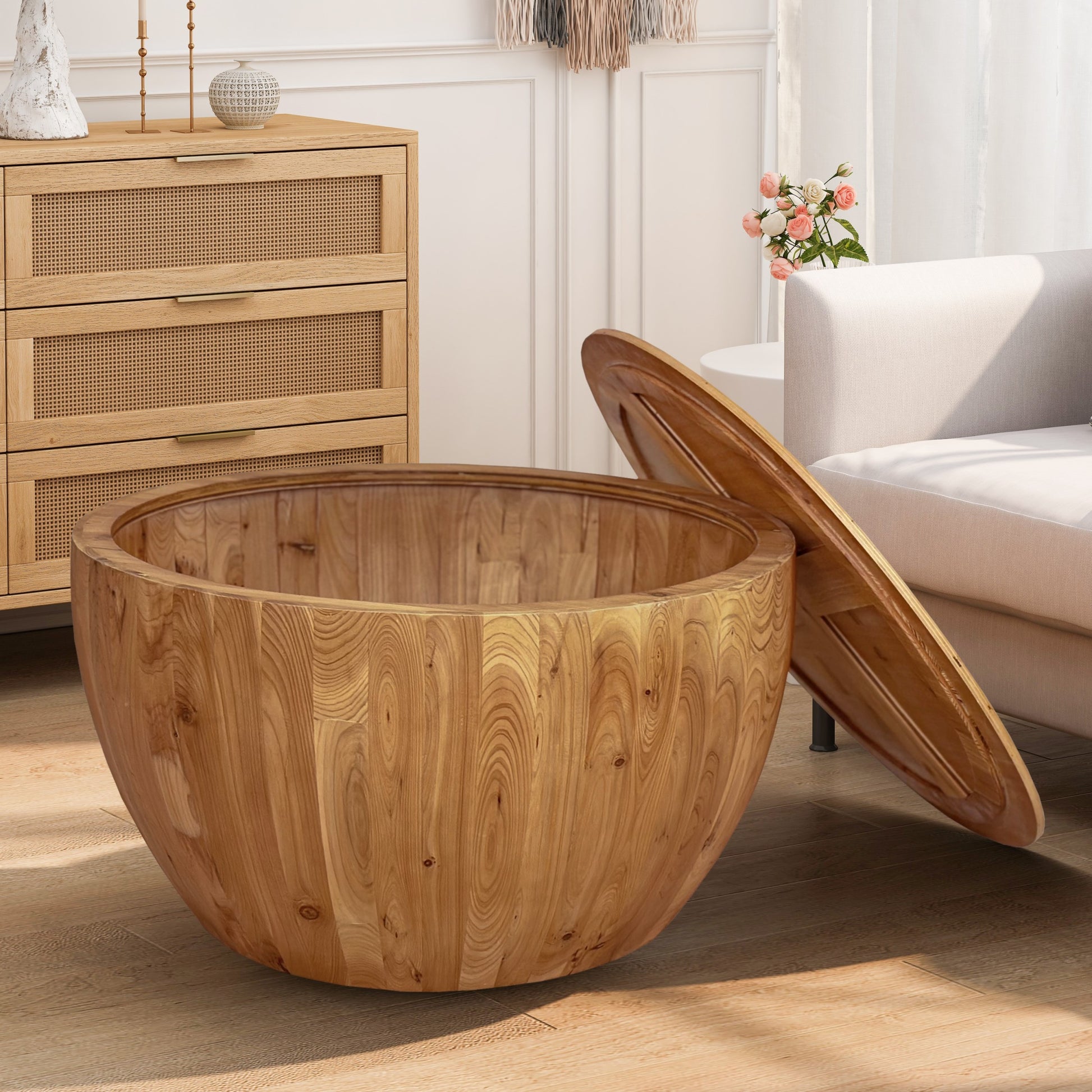 31.50"Vintage Style Bucket Shaped Coffee Table For Office, Dining Room And Living Room Same Sku:W75770648 Natural Solid Wood Mdf