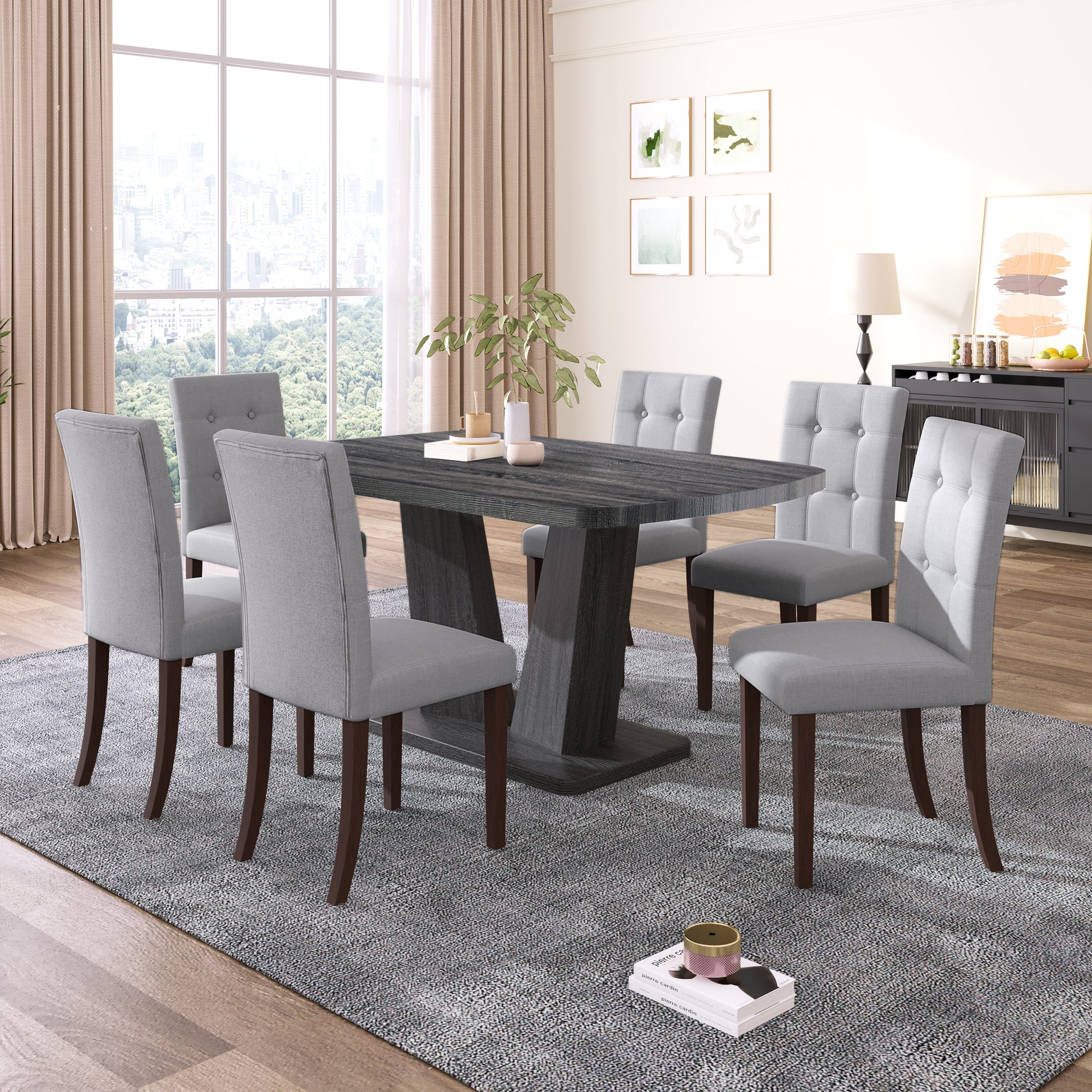 Dining Table Set For 6, 7 Piece Kitchen Table Chairs Set, 1.8" Thickness Tabletop And V Shaped Table Legs, Modern Dining Room Set With 63 Inch Dinner Table And 6 Upholstered Chairs For Dining Room Wood Gray Dining Room Classic,Mid Century Modern,Modern