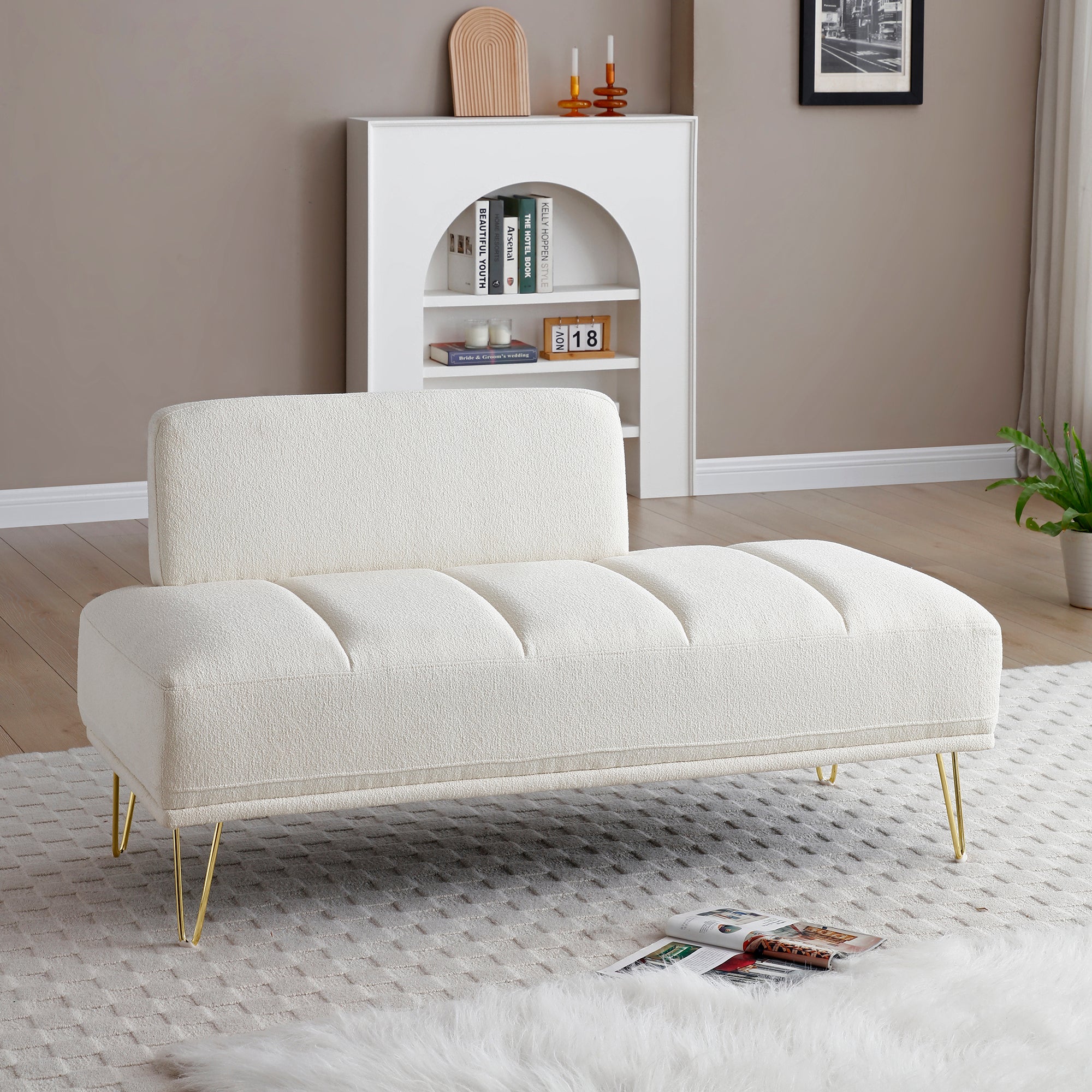 56.3"Inch Width Modern End Of Bed Bench,Teddy Fabric Upholstered 2 Seater Sofa Couch Entryway Ottoman Bench, Fuzzy Sofa Stool Footrest Window Bench With Gold Metal Legs For Bedroom, Living Room,Beige Beige Wood Primary Living Space Modern Foam Teddy 2