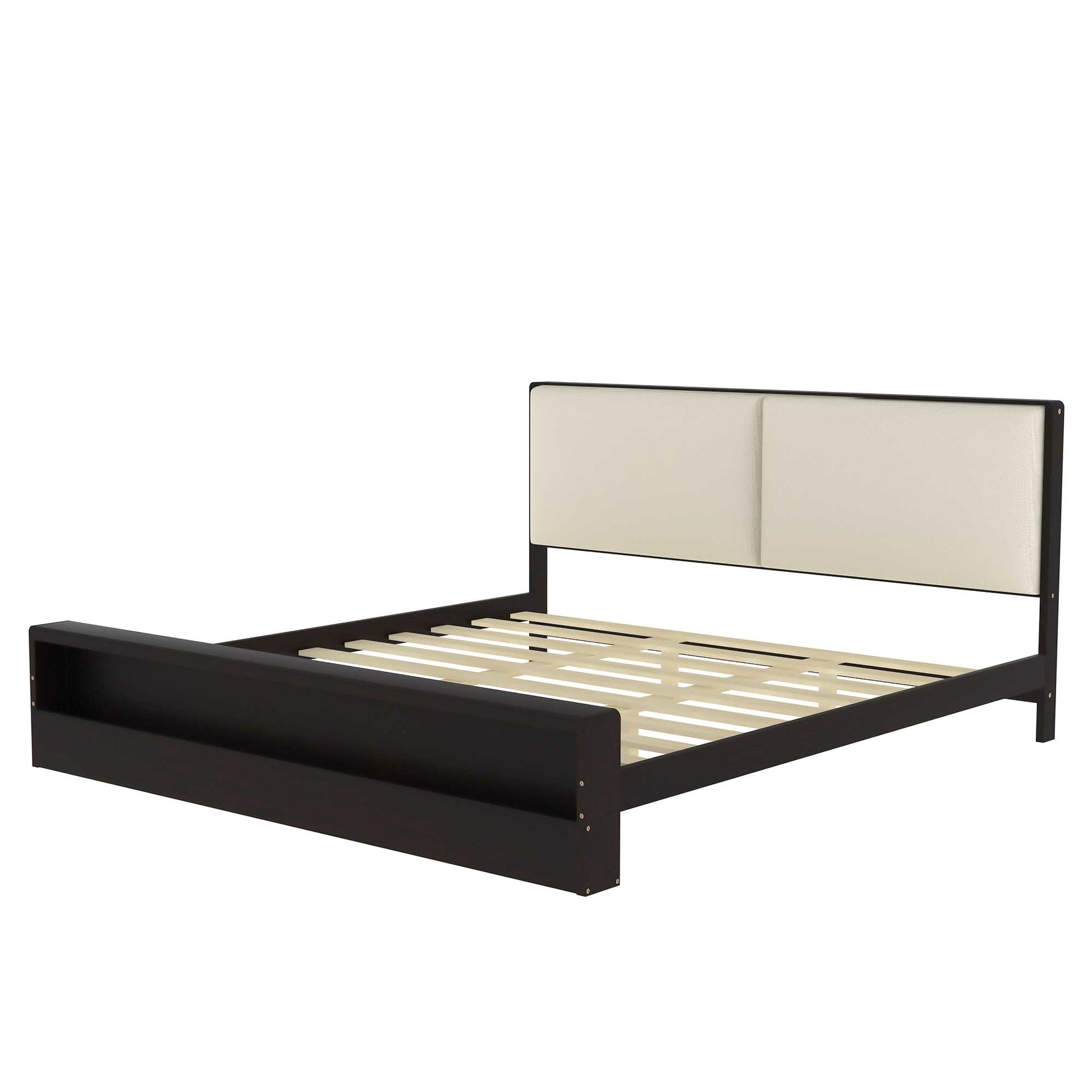 King Size Platform Bed Frame With Upholstery Headboard And Bookshelf In Footboard And Led Light Strips, Espresso King Espresso Solid Wood Mdf