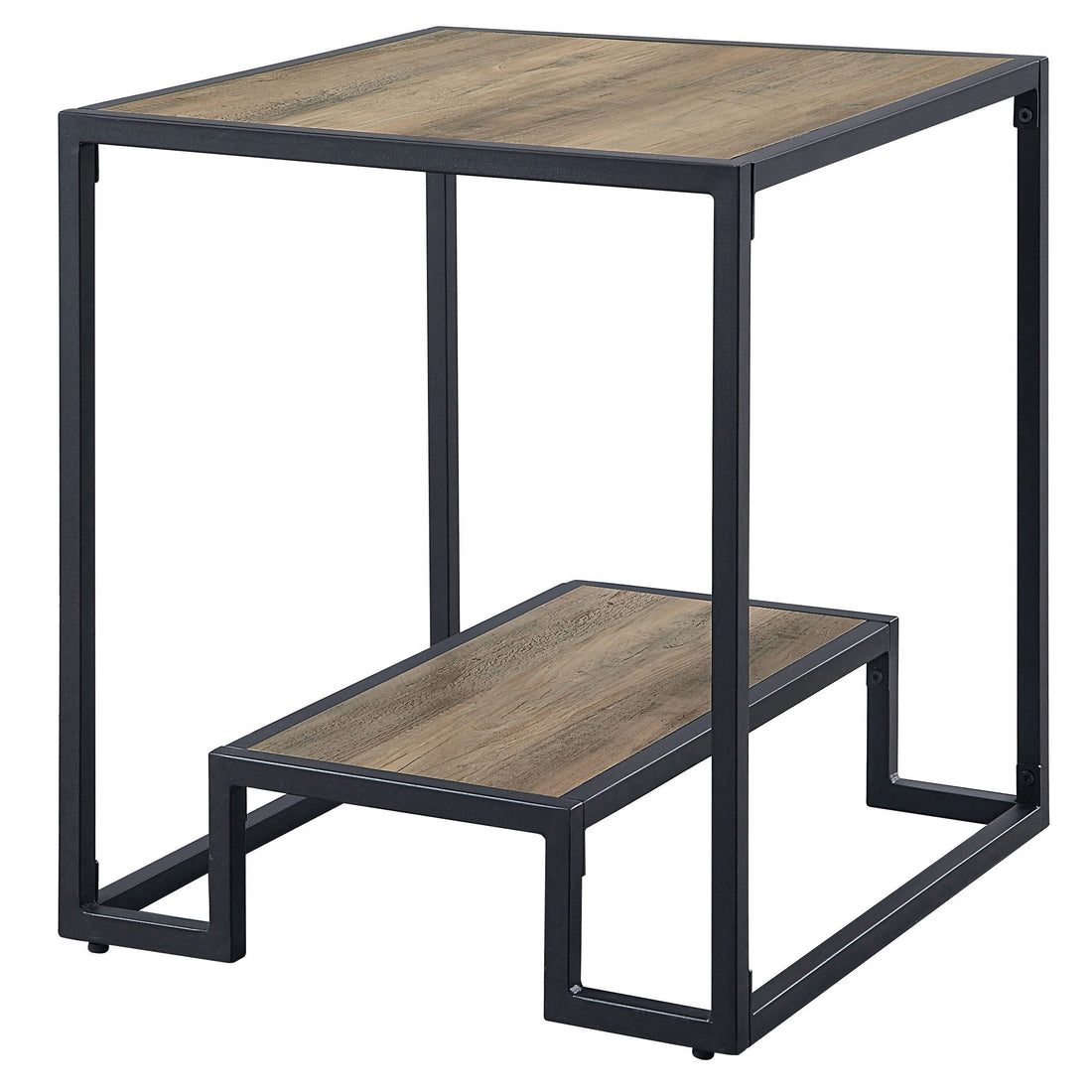 Rustic Oak And Black End Table With Open Shelf Black Brown Primary Living Space Industrial Shelves Rectangular Wood Metal Sled