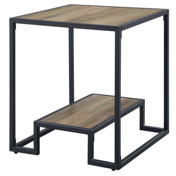 Rustic Oak And Black End Table With Open Shelf Black Brown Primary Living Space Industrial Shelves Rectangular Wood Metal Sled