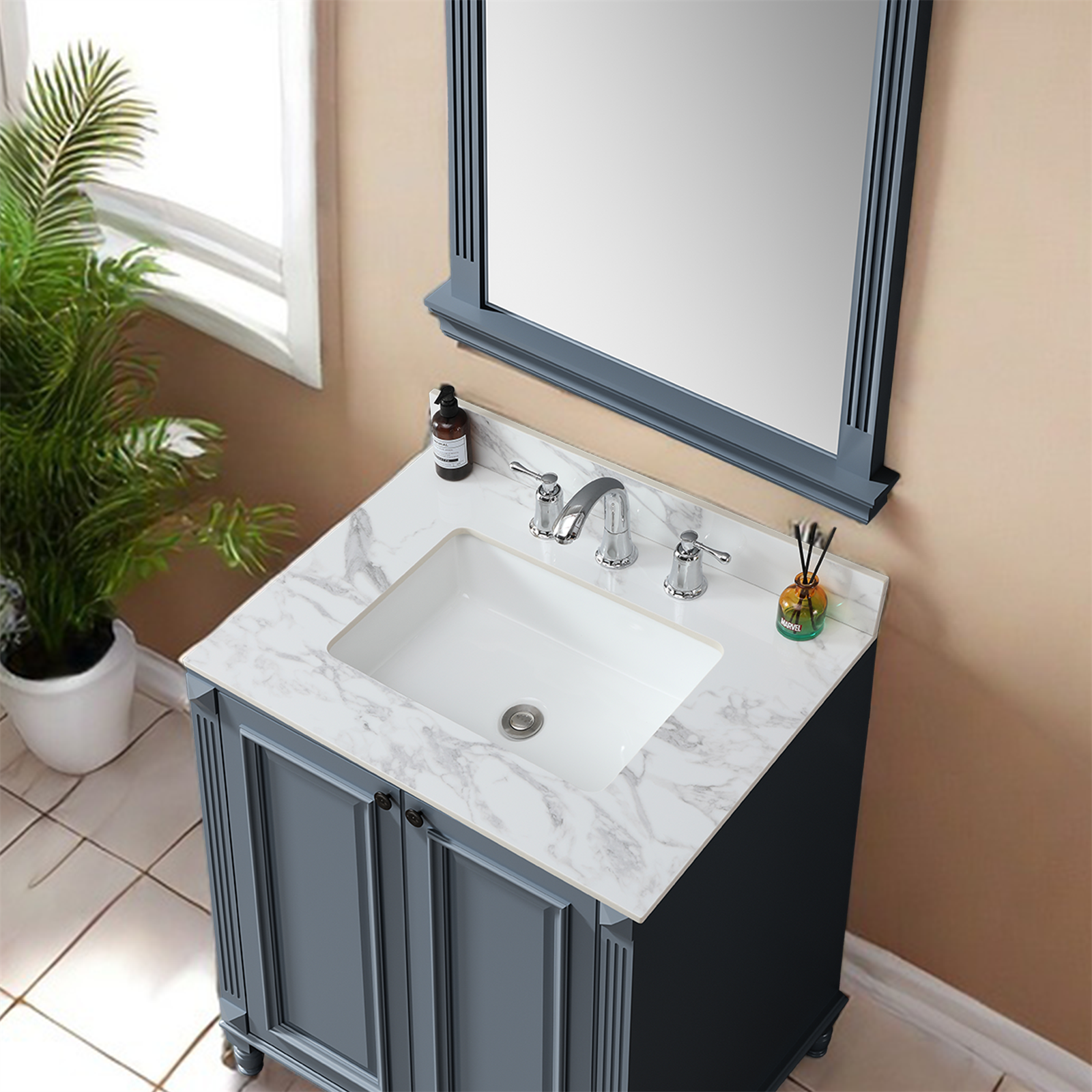 31"X22"Bathroom Vanity Top,Sintered Stone Carra Whitebarthroom Vanity Sink Tops With Rectangular Undermount Ceramic Sink With Vanity Backsplash, Three Faucet Hole Bathroom Vanity Countertop White
