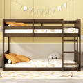 Twin Over Twin Floor Bunk Bed With Panelled Headboard And Footboard, Solid Rubber Wood Foundation With Safety Guardrails, Built In Ladder,Antique Oak Twin Antique Dark Oak Rubber Wood