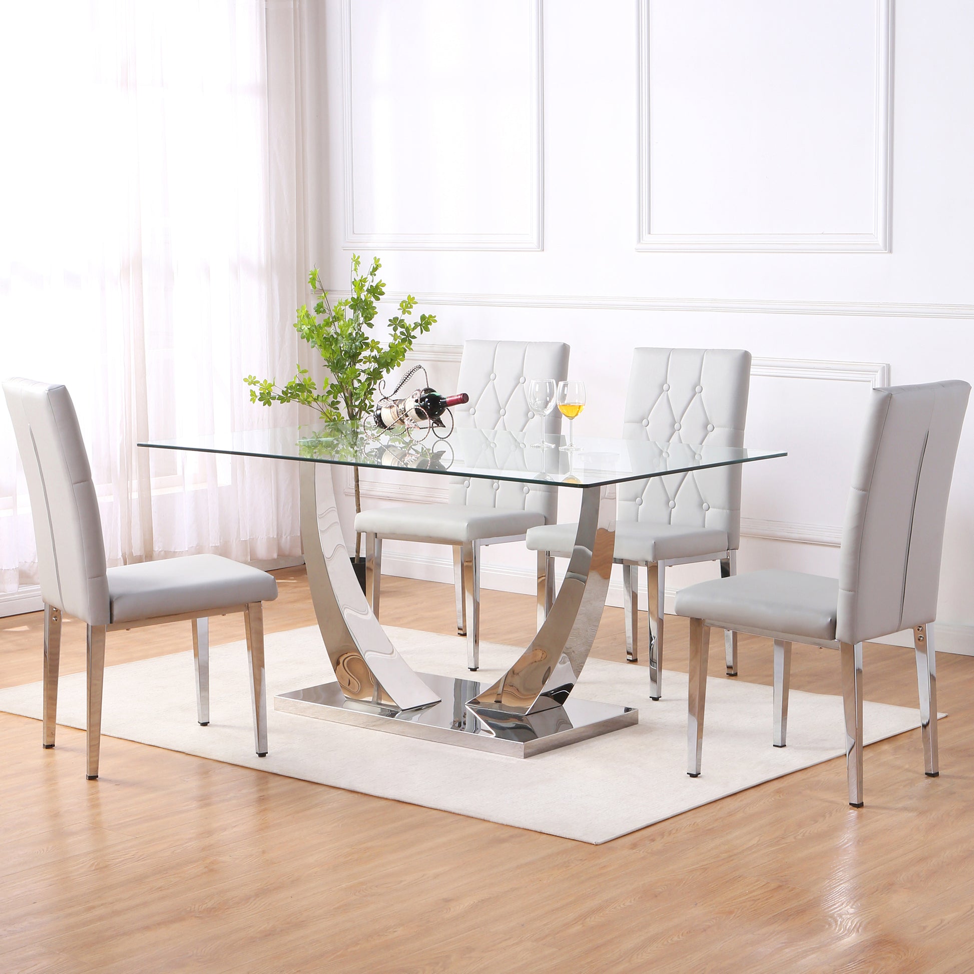 Table And Chair Set, Modern Dining Table, Tempered Glass Tabletop And Silver Colored Leg Table, Soft And Comfortable Dining Chair, Perfect For Dinner, Meetings, Home And Office Decor Gray Seats 4 Glass